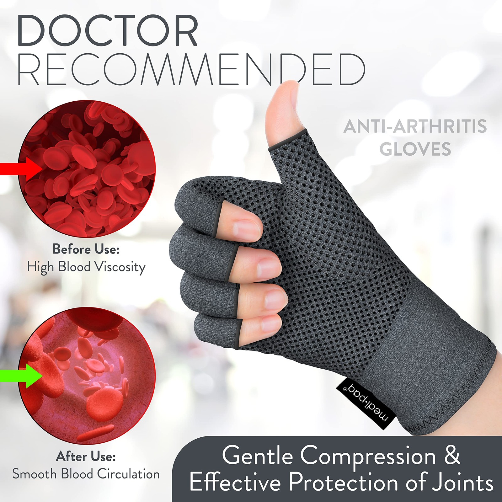 Medipaq Arthritis Gloves (Large) – Compression Small (1 Pair), Grey