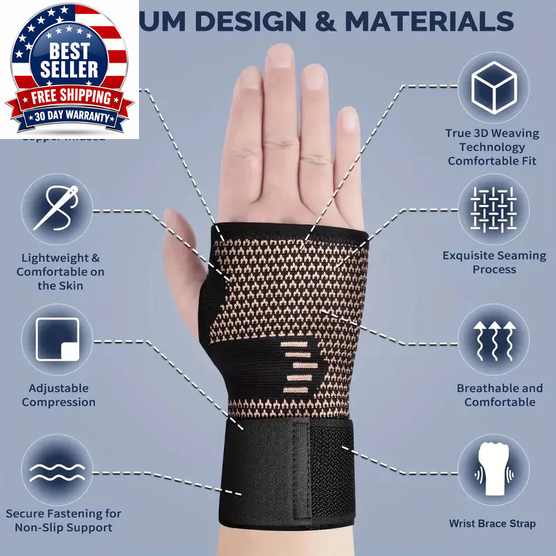 2Pcs Copper Fiber Wrist Brace Gloves – Adjustable Compression Hand & Wrist Suppo