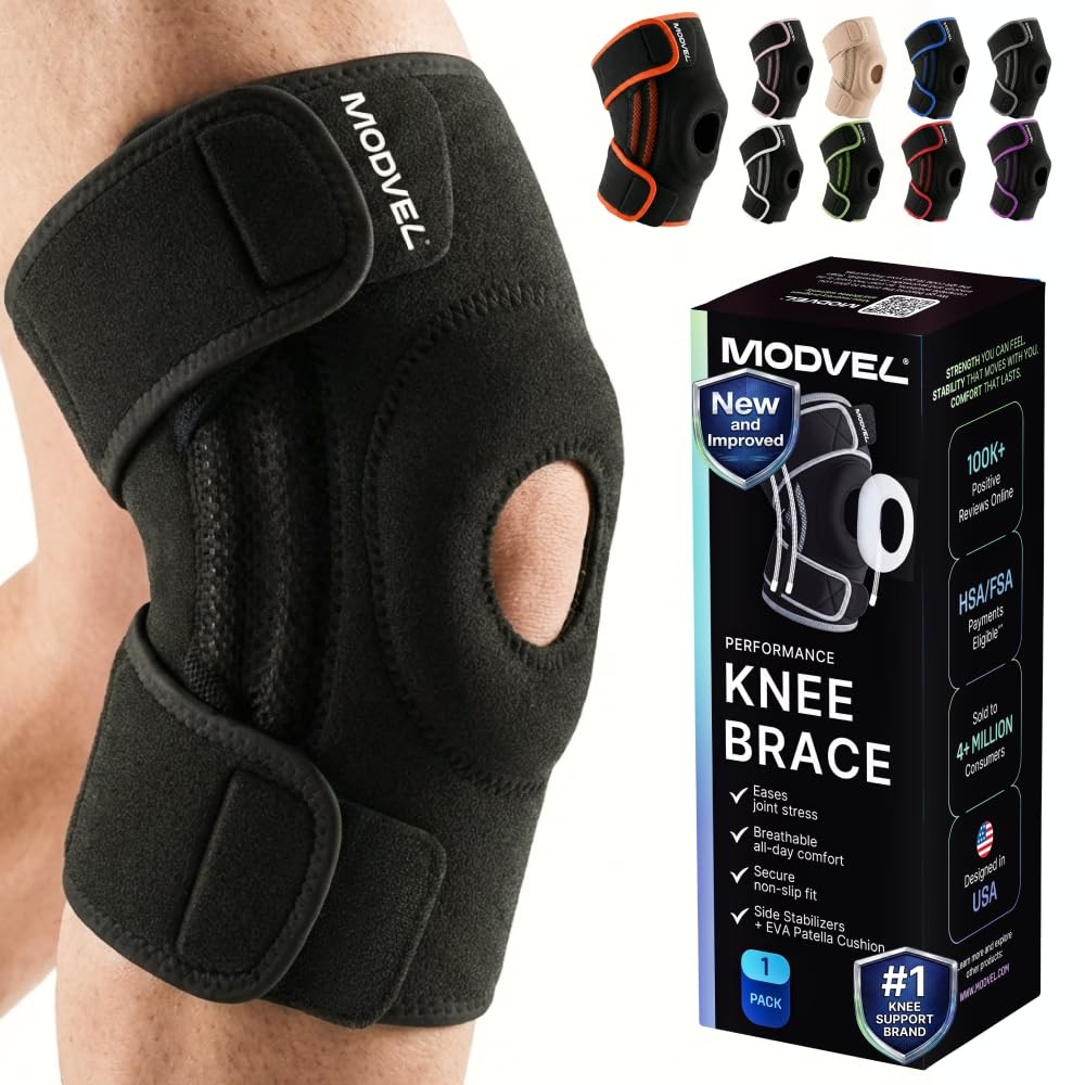 Modvel Knee Brace with Side Stabilizers & Patella Gel Pads for X-Large, BLACK