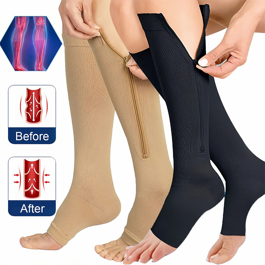 3x Zip-Up Compression Socks 20-30mmHg Open Toe With Zipper Pain Relief Unisex