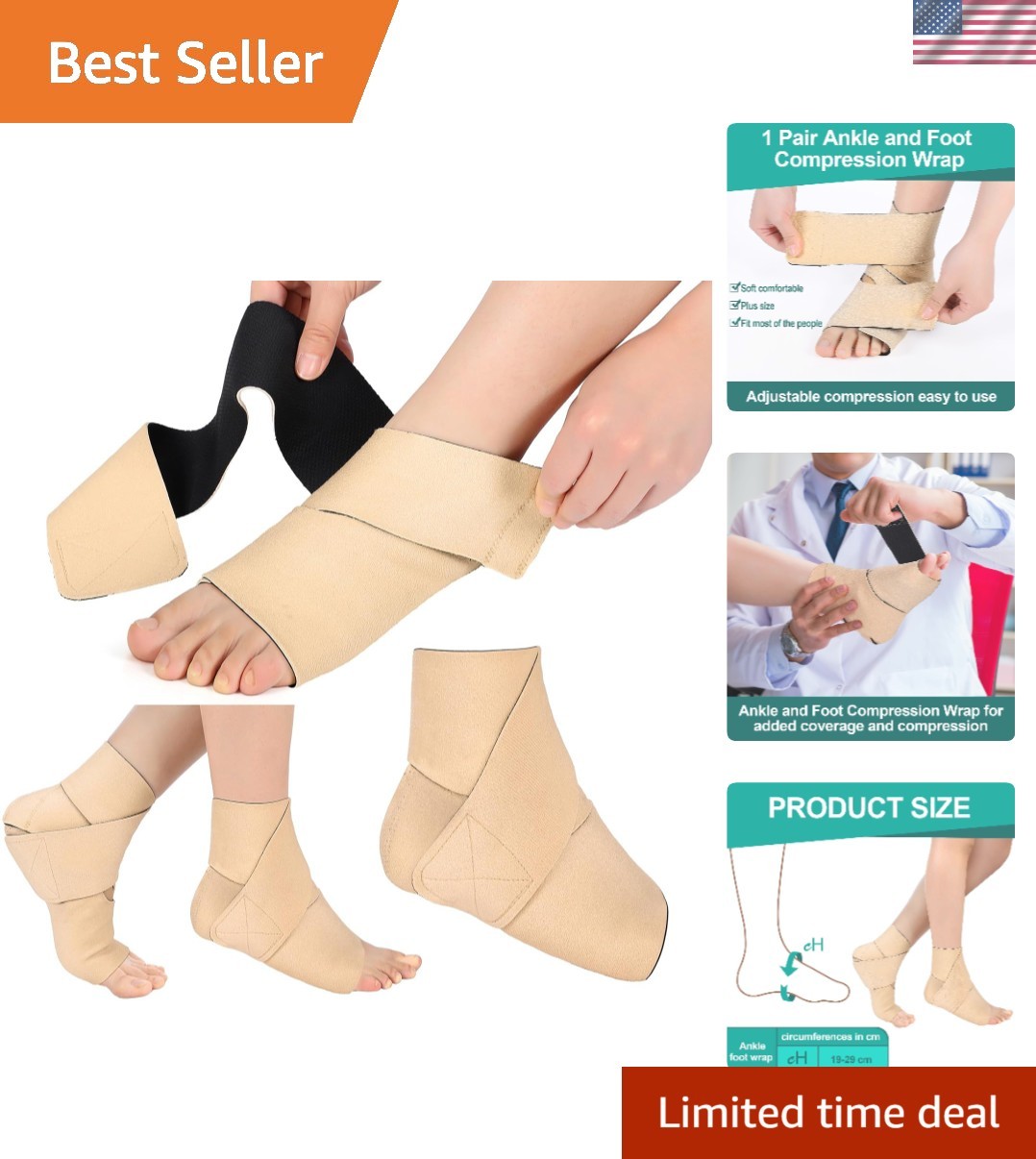 2-Pack Ankle & Foot Compression Wraps, Adjustable Lymphedema Support Braces Unis