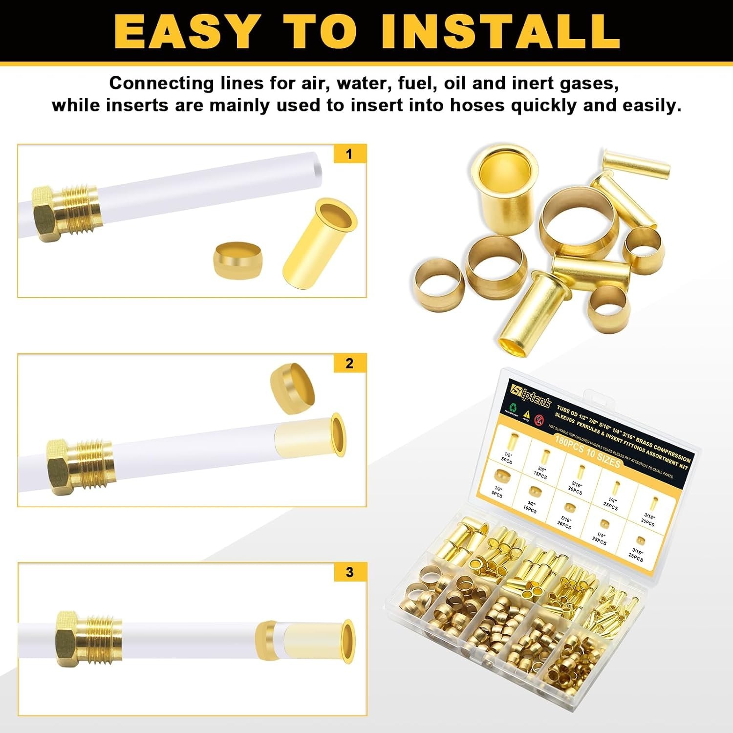 180PCS Brass Compression Sleeves & Inserts – Versatile Sizes Available
