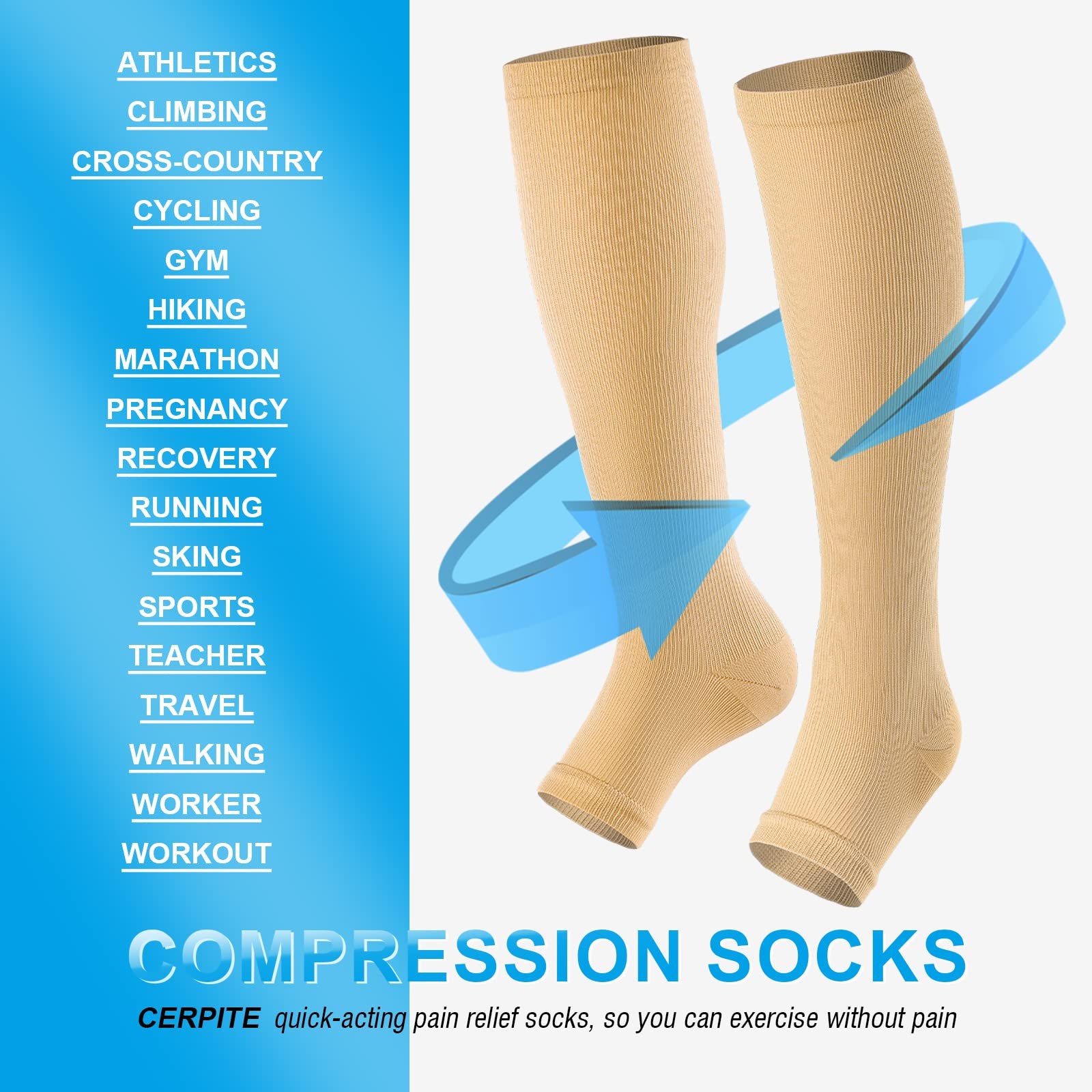 Toeless Compression Socks 15-20 mmHg, 2 Pairs open toe Knee High Support