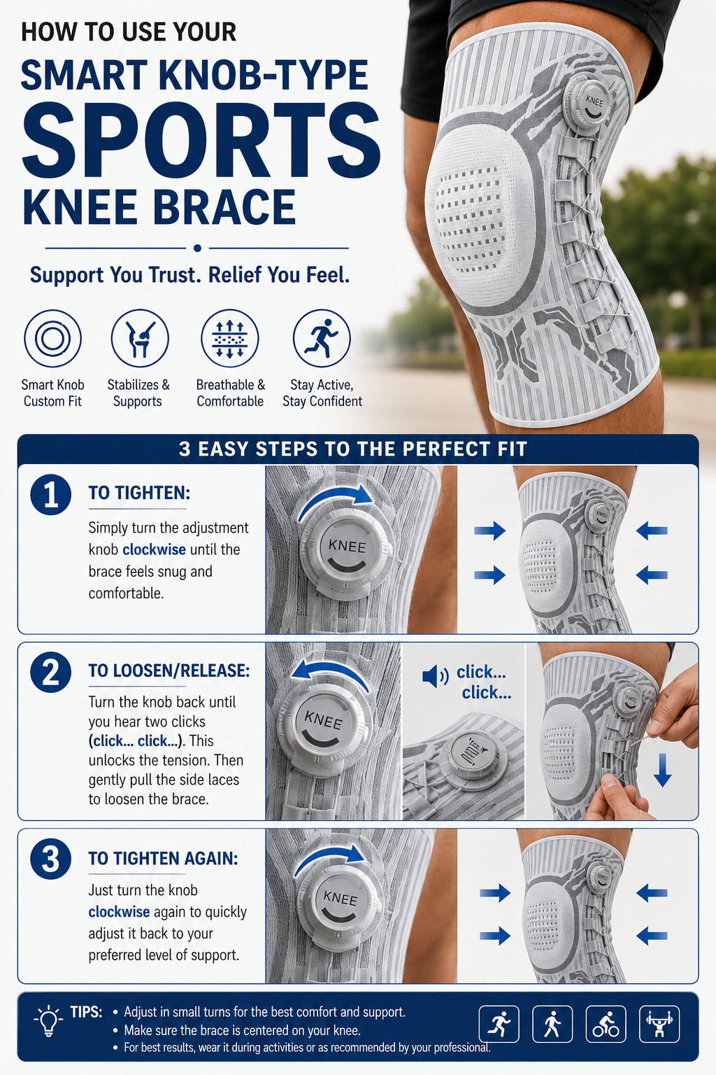 KnobType Sports Knee Brace For Joint Pain Meniscus Adjustable Hiking Sports