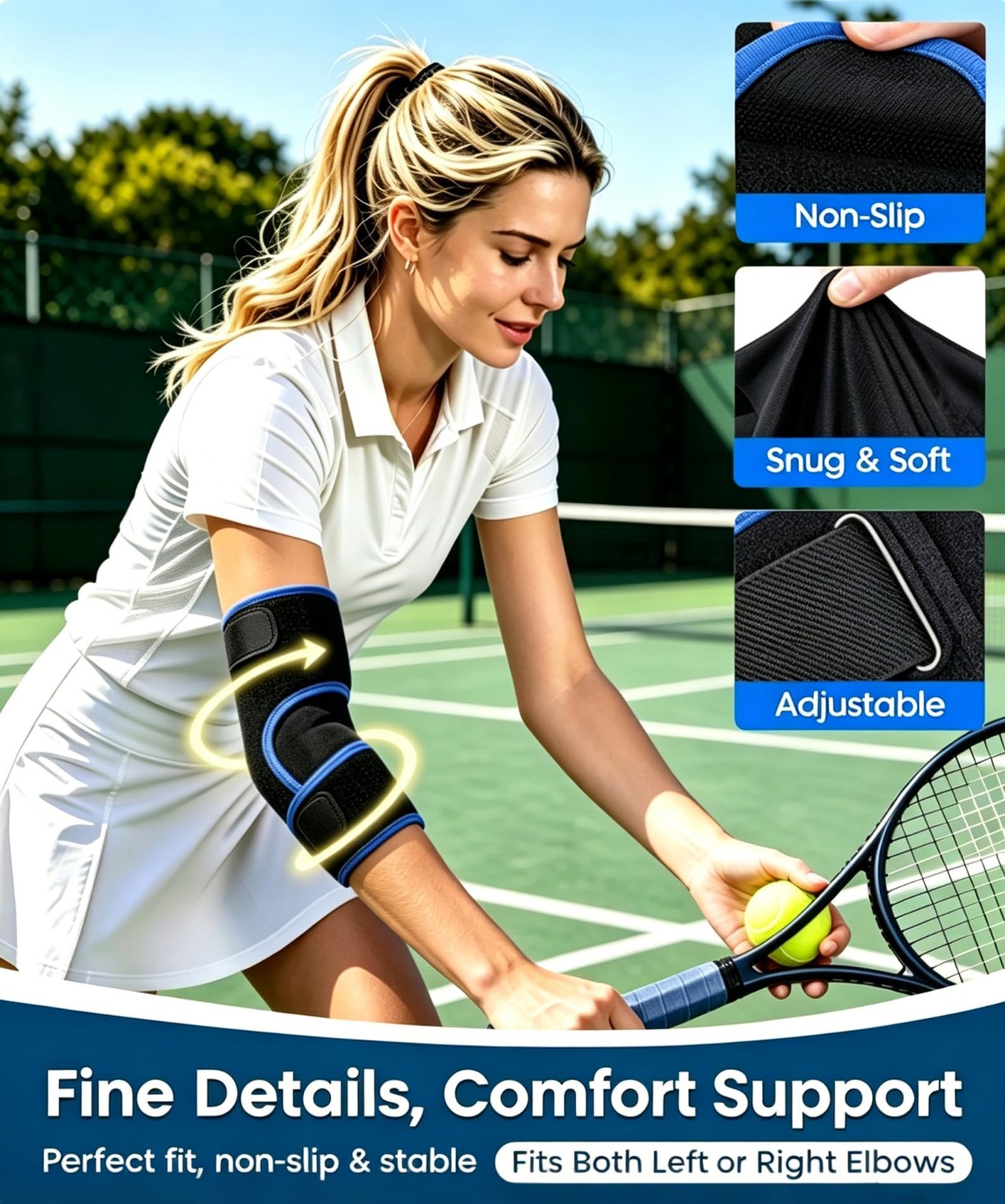 Adjustable Elbow Brace with Support for Tennis, One Size, Blue-Black