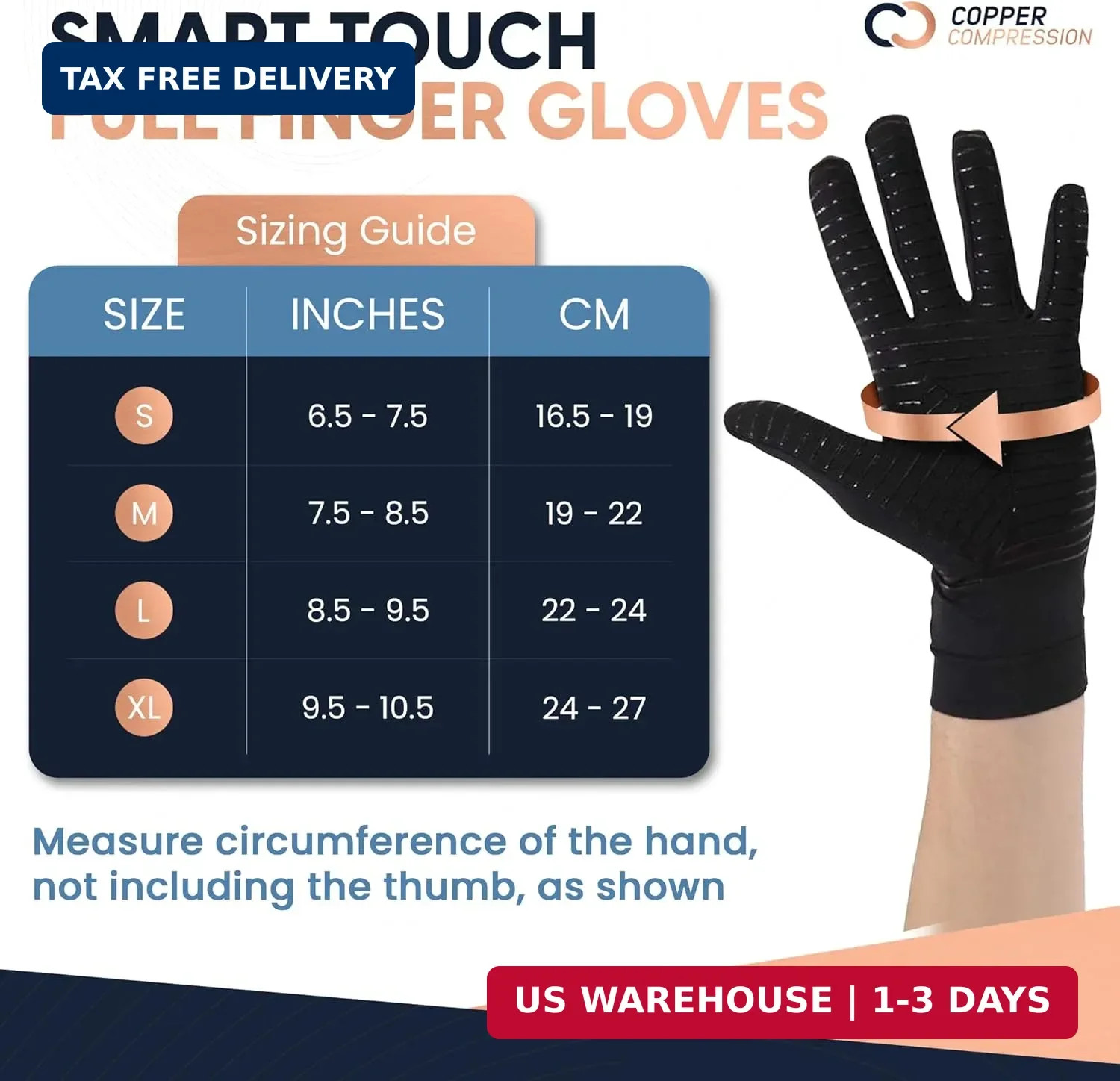 Copper Compression Full Finger Arthritis Gloves – Palm Grips – Touch Screen Fing