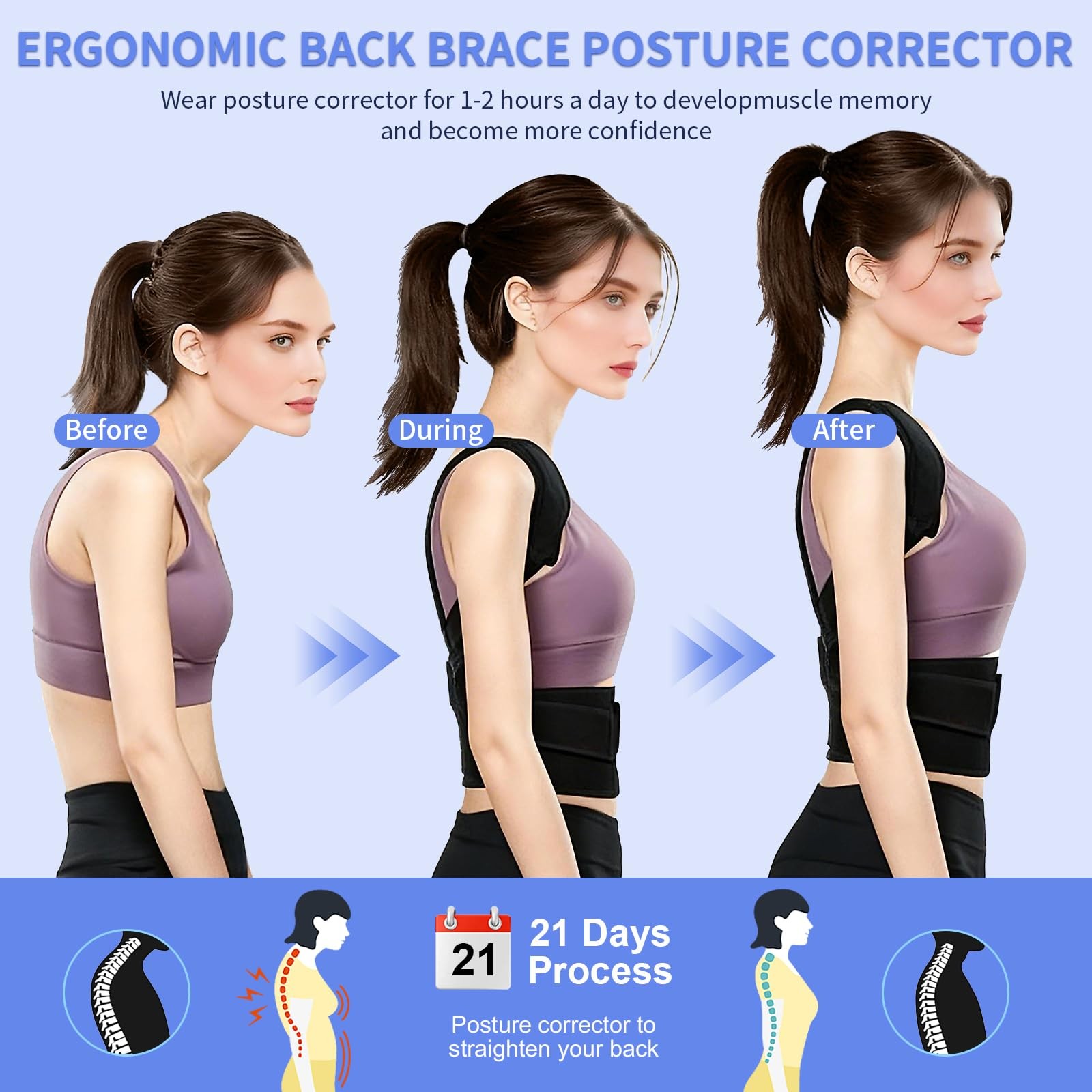 Callicebus Back Brace Posture Corrector for Women Men, Small, Black