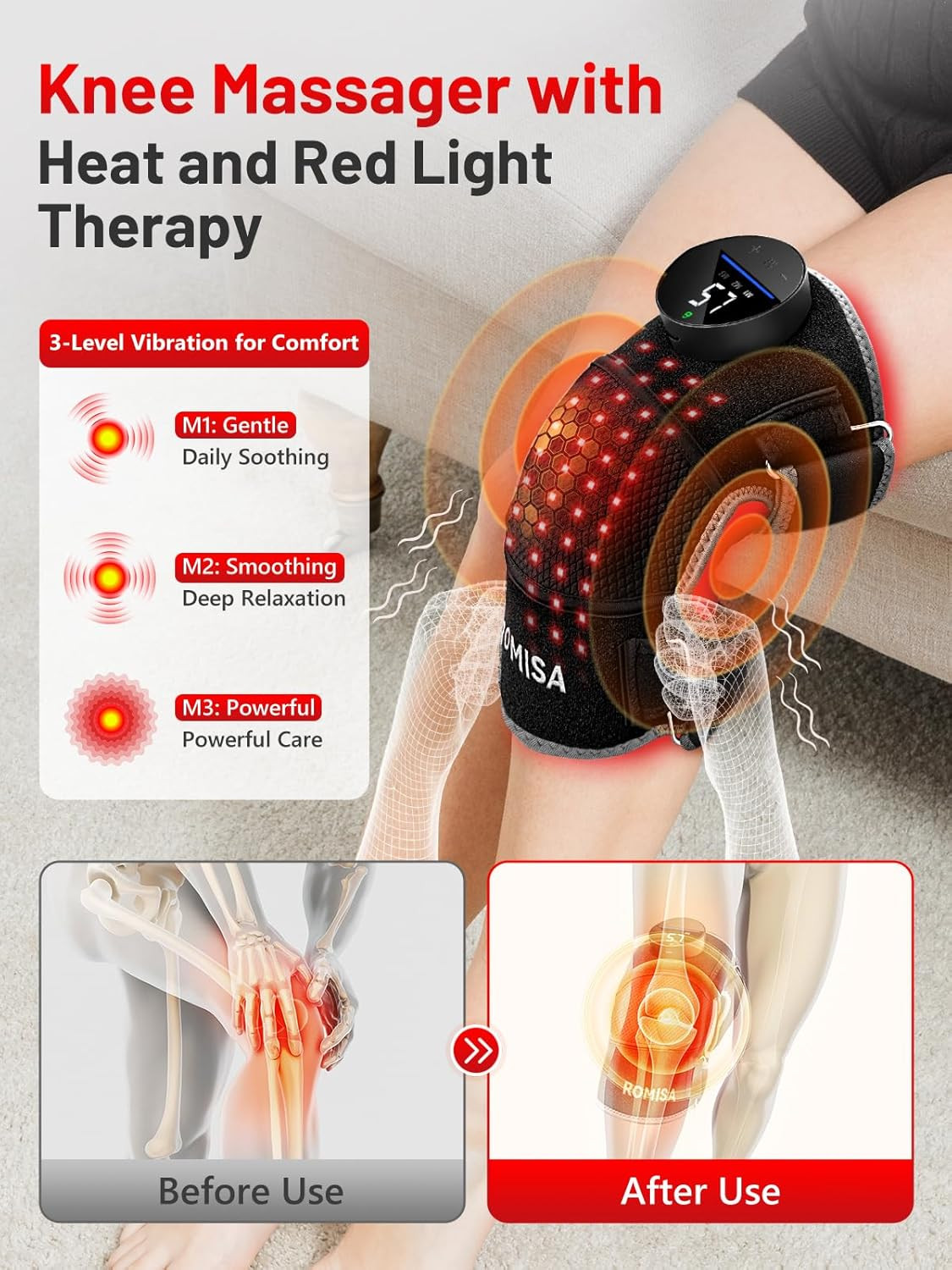 Red Light Therapy Knee Brace Vibration Knee Massage for Pain Relief, 660Nm&850Nm