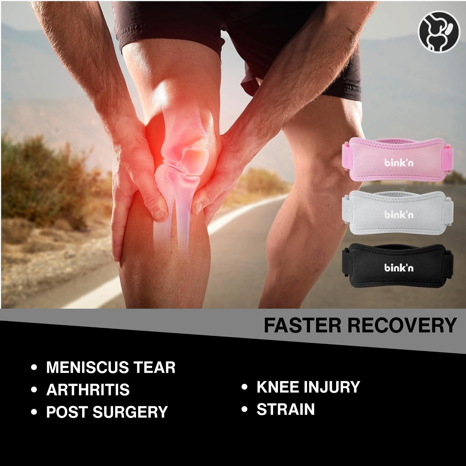 2 Pack Knee Brace, Support Strap, Patella Stabilizer, Sports L/XL Black