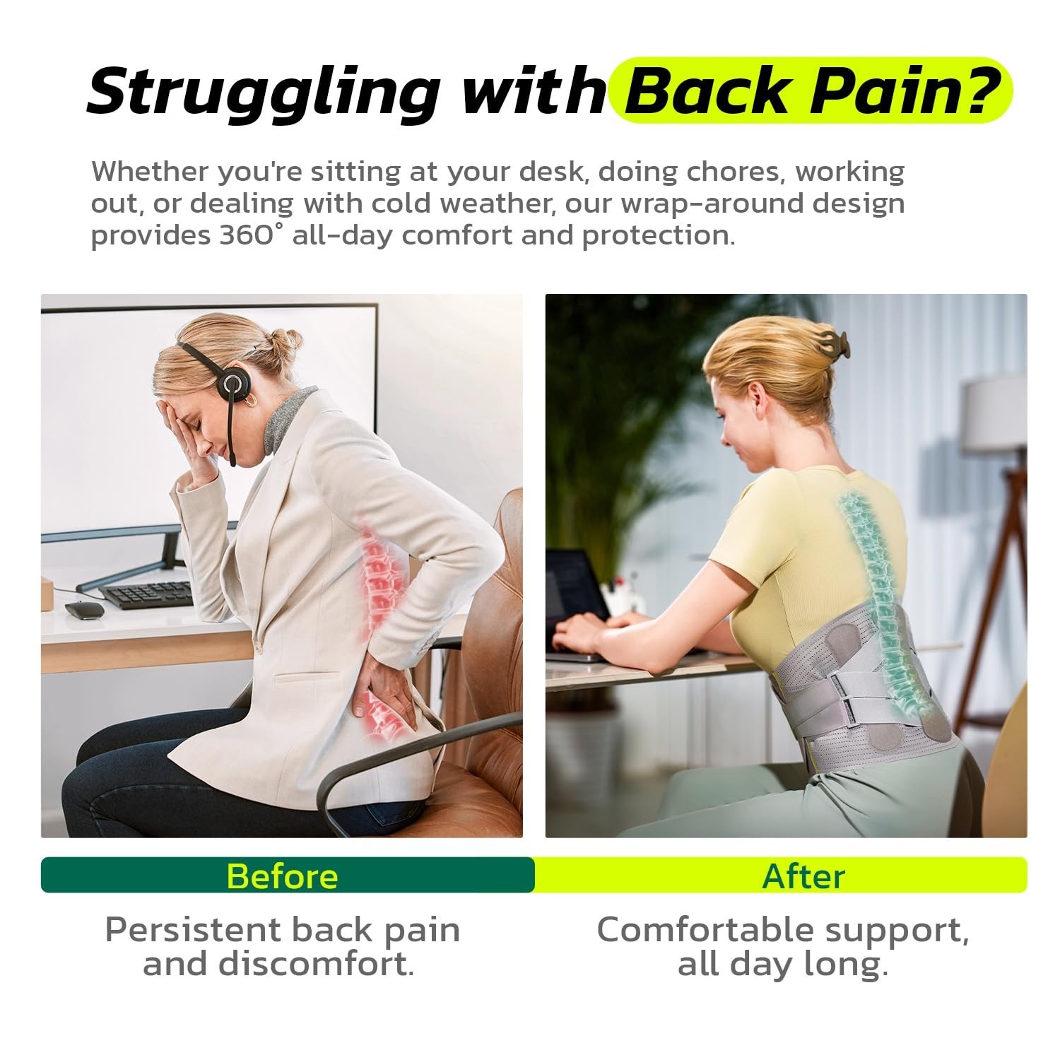 Lower Back Pain Relief Brace for Men & Women – 360° Support Belt, Soft & Breatha