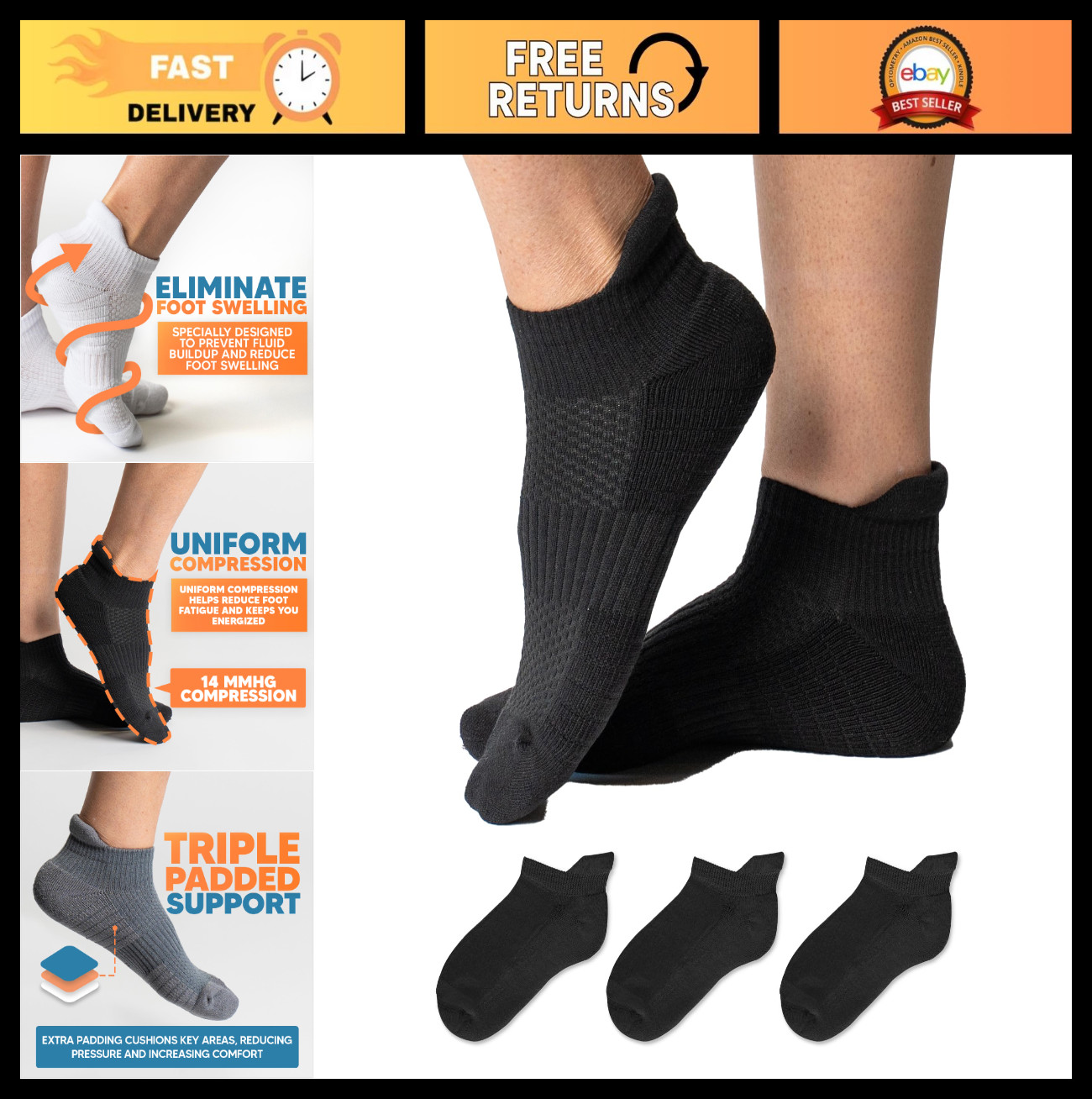 Ankle Compression Socks 3 Pack for Men & Women, 14 mmHg Support, Cushioned Circu