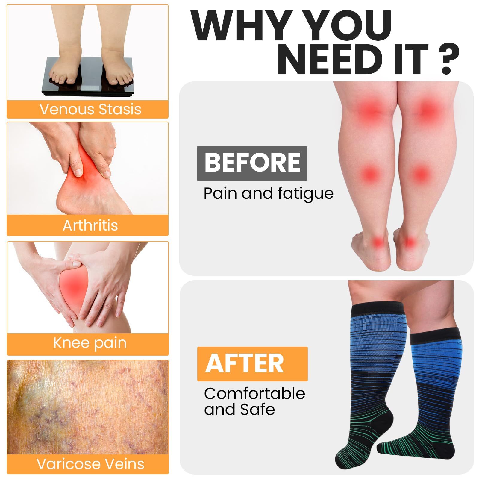 8 Pairs Plus Size Compression Socks for Women Men Wide Calf Extra Large Size …