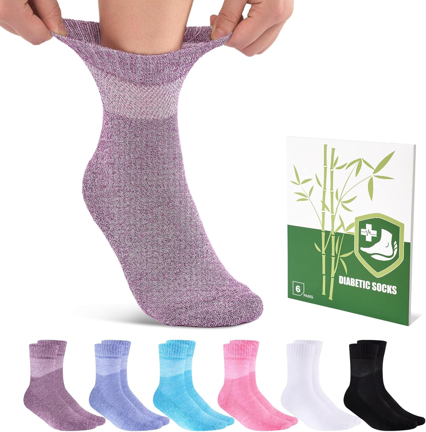 Bamboo Viscose Diabetic Socks for Women, 6 Pairs, Non Binding Wide Top | 50% bam