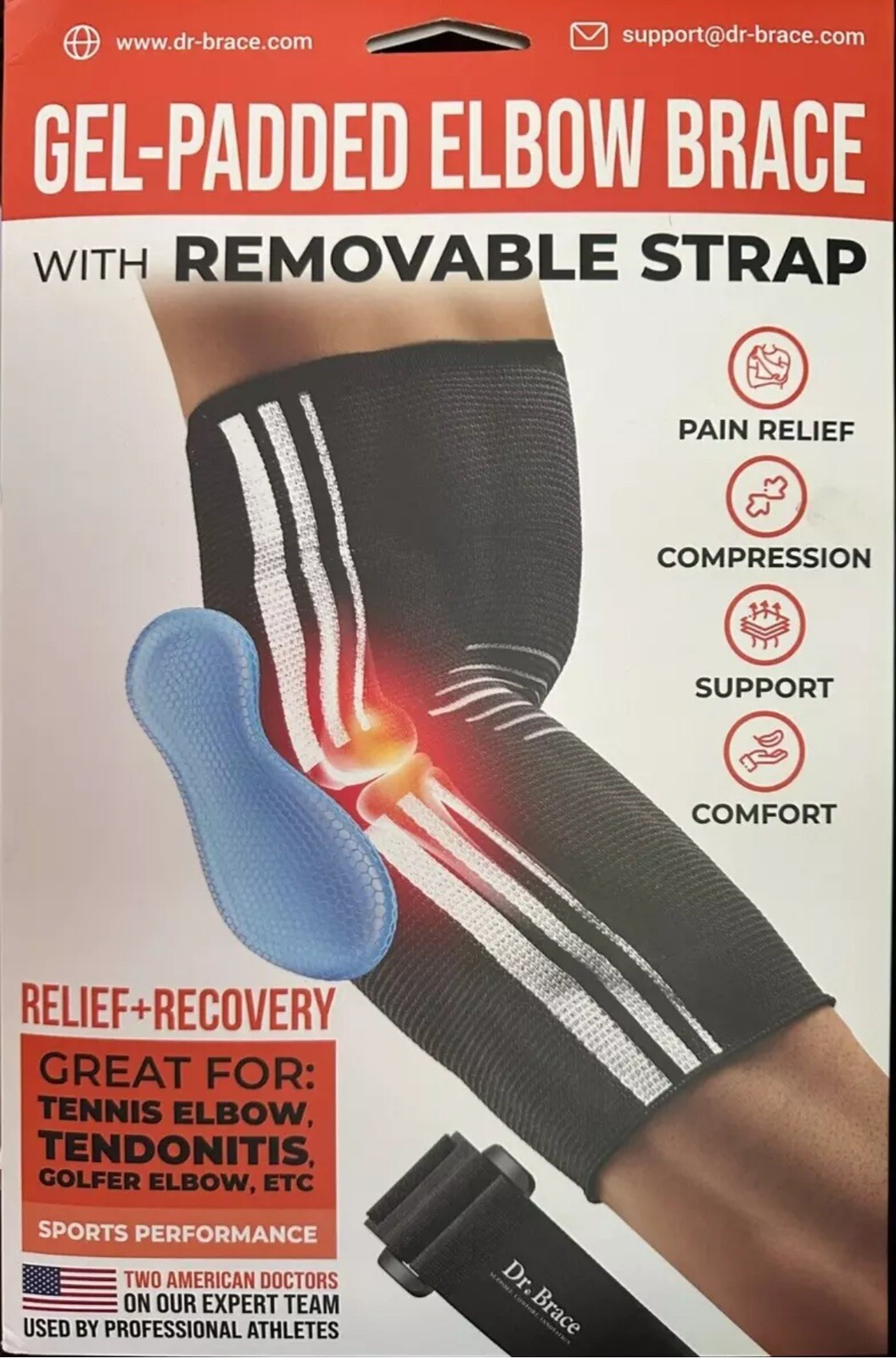DR. BRACE Gel Padded Elbow Brace w/Removable Strap Compression Pain Relief Large