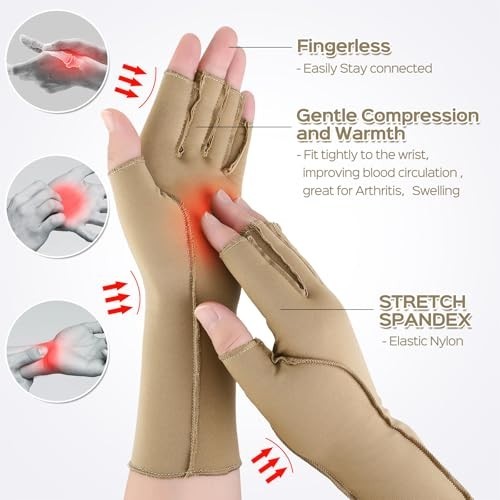 Arthritis Compression Gloves Fingerless Carpal Tunnel Relief 3 Pairs Large Nude