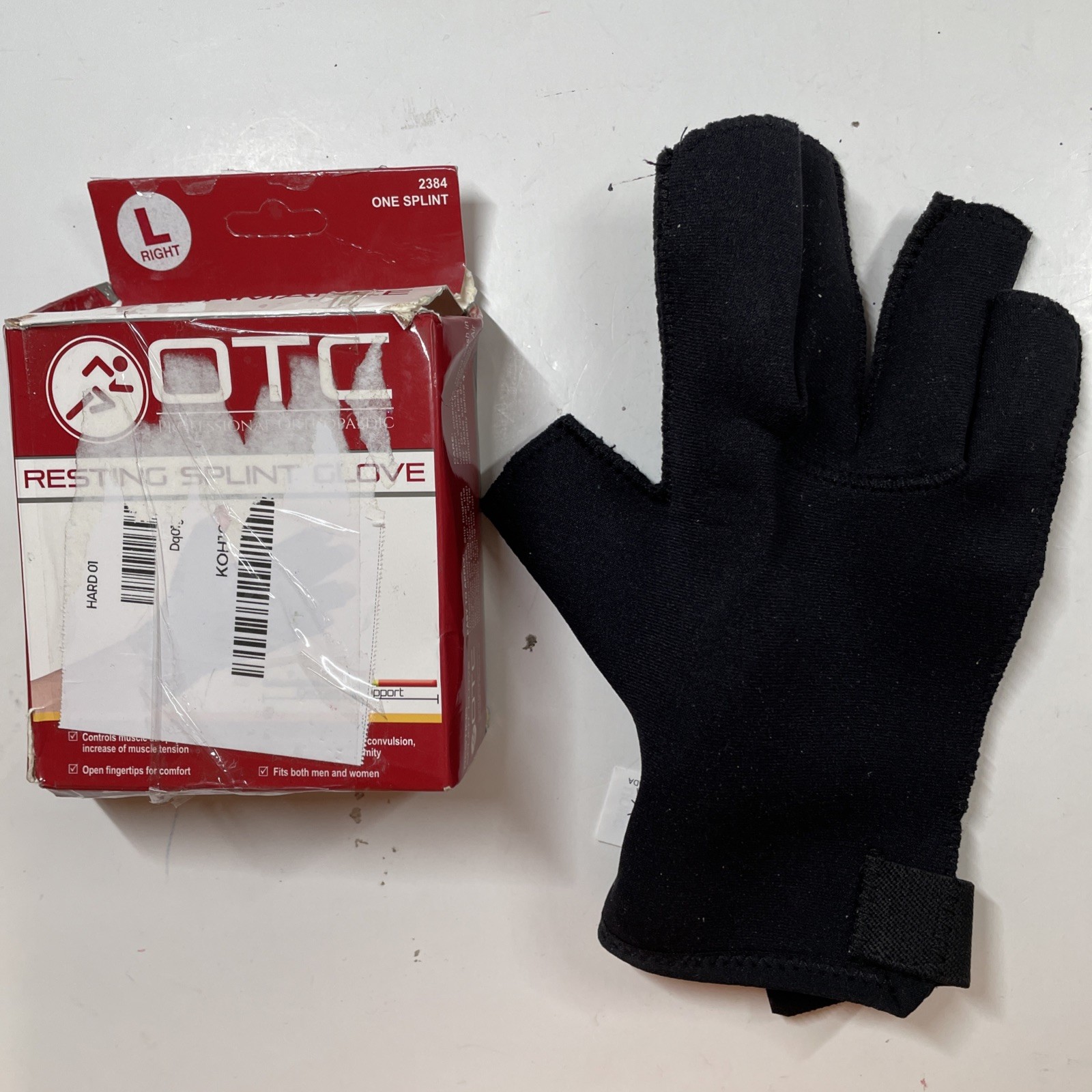OTC Resting Splint Glove, 5 Finger Semi-Rigid Splints Open Tips Black Right Hand