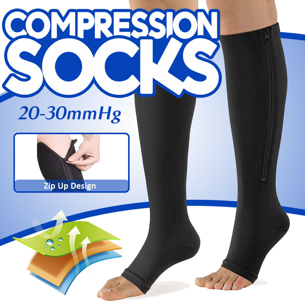 Premium Navy Open Toe 15-20 mmHg Firm Compression Stockings Leg Zipper Socks