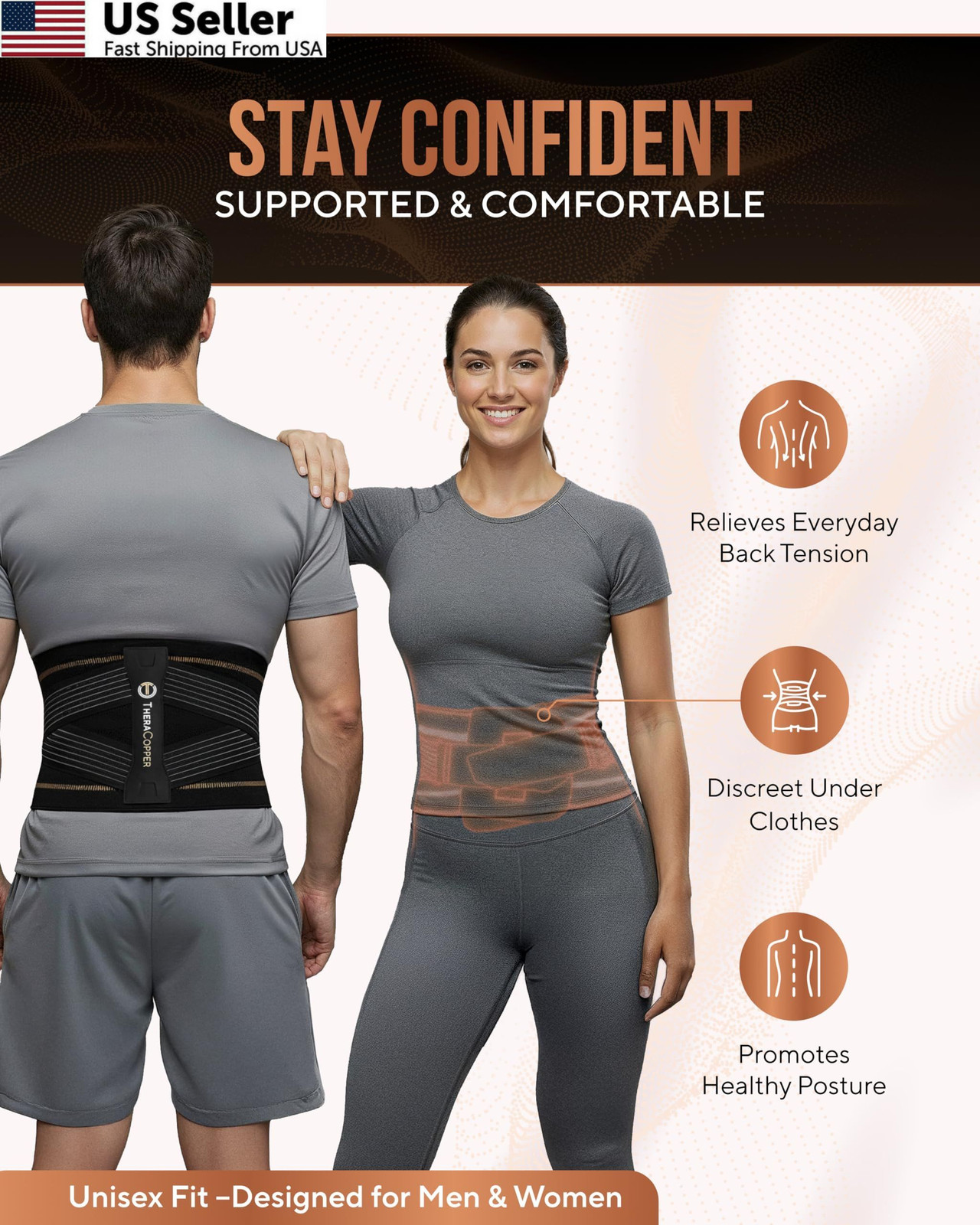 TheraCopper Copper Back Brace for Men & Women — Lumbar Support Large, Black