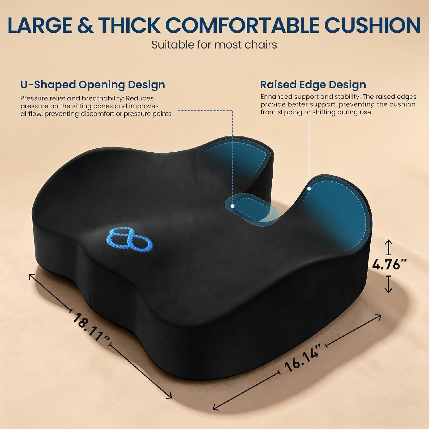 BlissTrends Memory Foam Seat Cushion 4.7in Ergonomic Tailbone Support Black