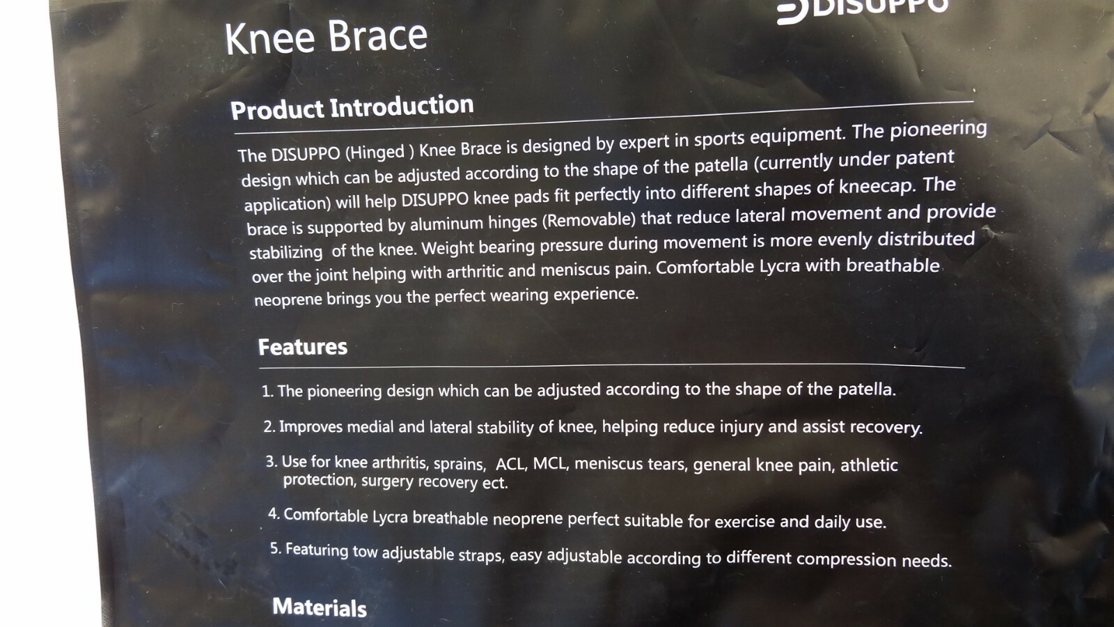 DISUPPO Knee Brace Support Adjustable Open Patella Tears Swelling Relief Sz. L