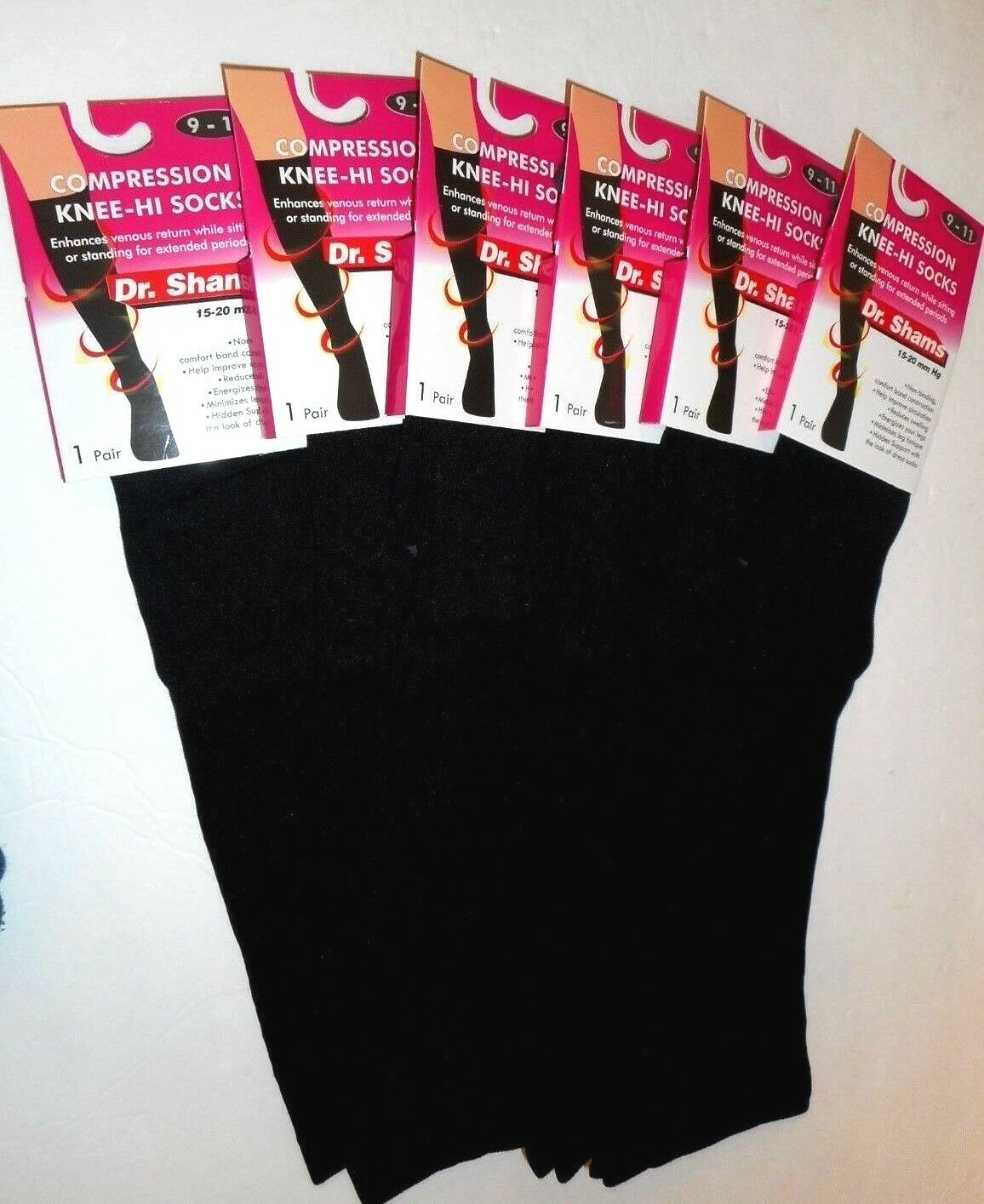6 Pairs Compression Knee High Socks 9-11 Dr Shams Black 8-15 mmHg Graduated