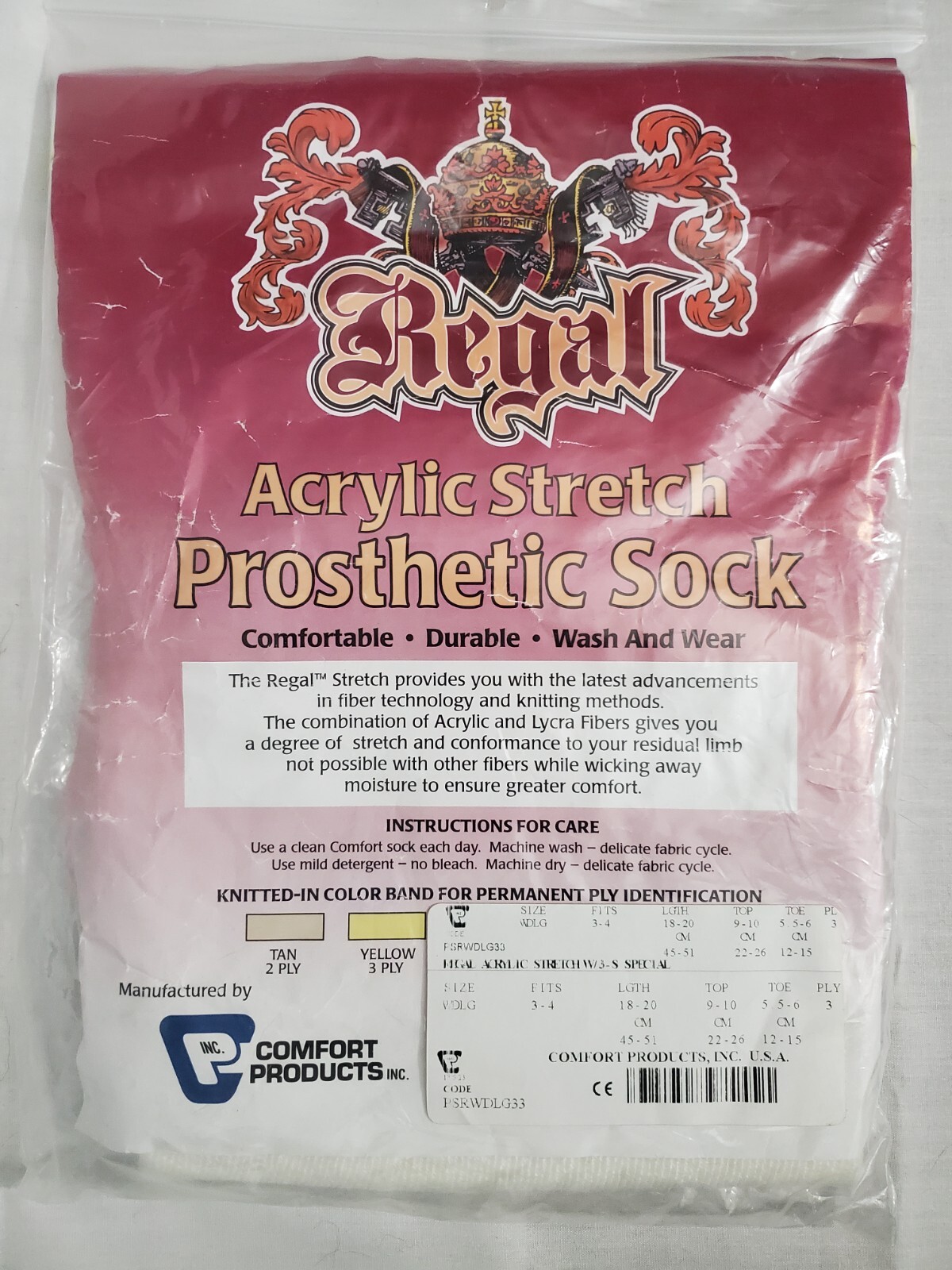 Regal Acrylic Stretch Prosthetic Sock ~ Fits 3-4 Length 18-20″ 3 Ply Yellow NEW!