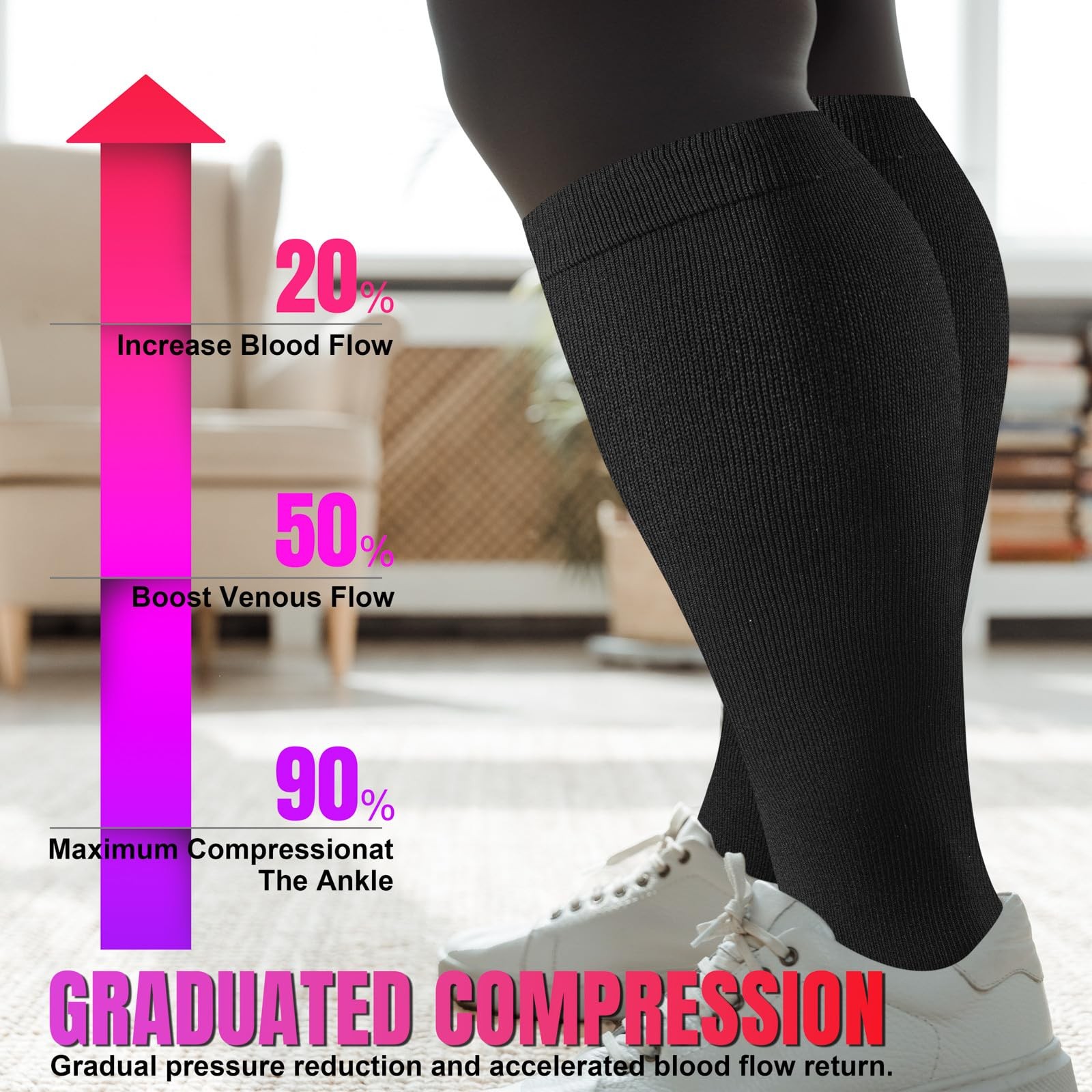 3 Pairs Plus Size Compression Socks Extra Wide Calf 20-30mmHg Support