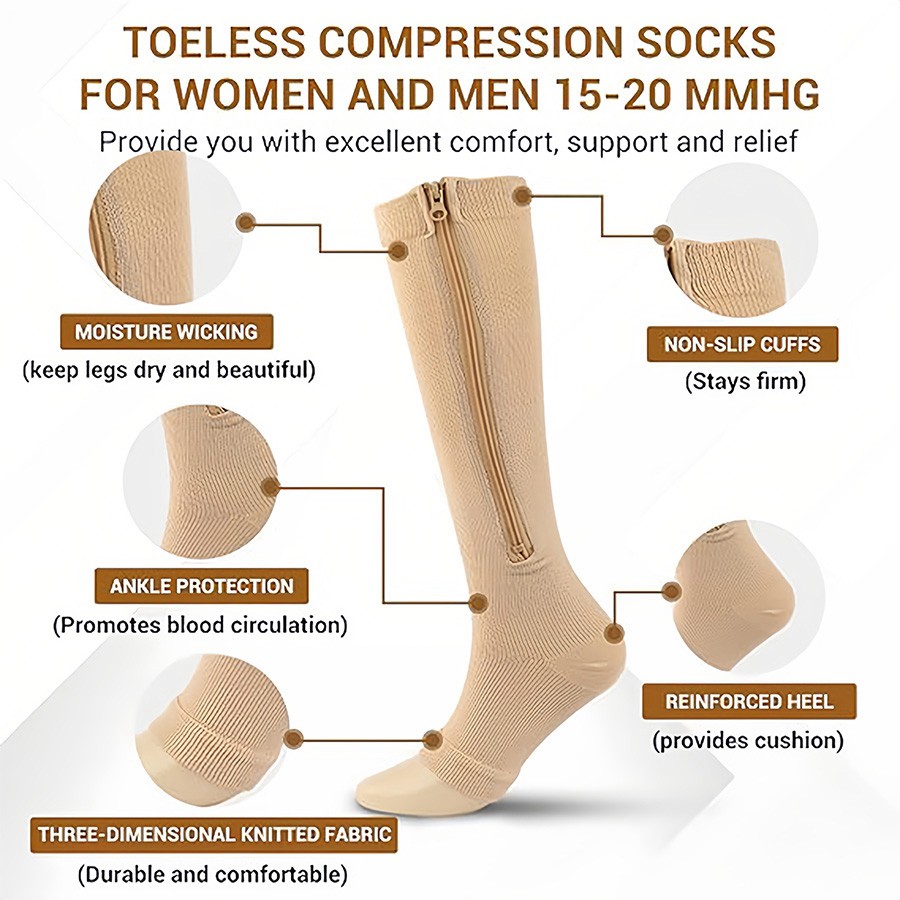Zip Up Open Toe Compression Zipper Socks Calf Support Stockings Unisex 1/3 Pairs