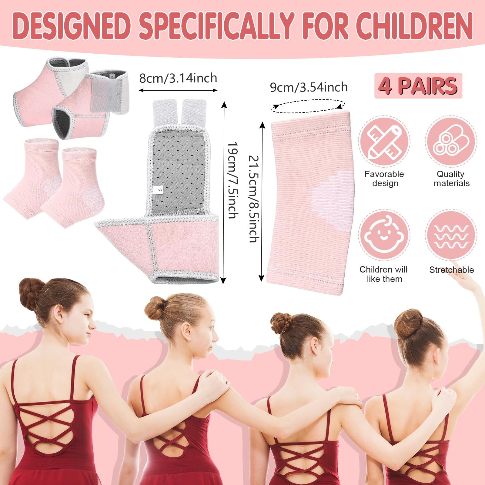 2 Pairs Kids Ankle Brace Set Foot Support Stabilizer Wraps Protector Pink Large