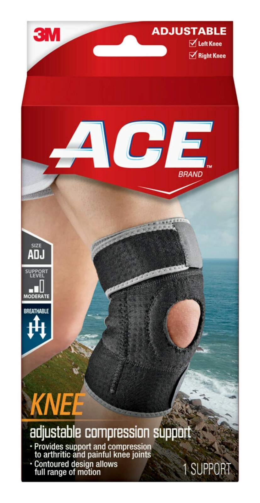 ACE Brand Adjustable Compression Knee Support, 1 Count (Pack of 1), Black