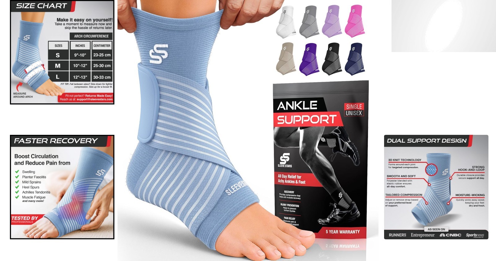 Adjustable Compression Ankle Brace for Ligament Damage – Light Blue, Medium Size