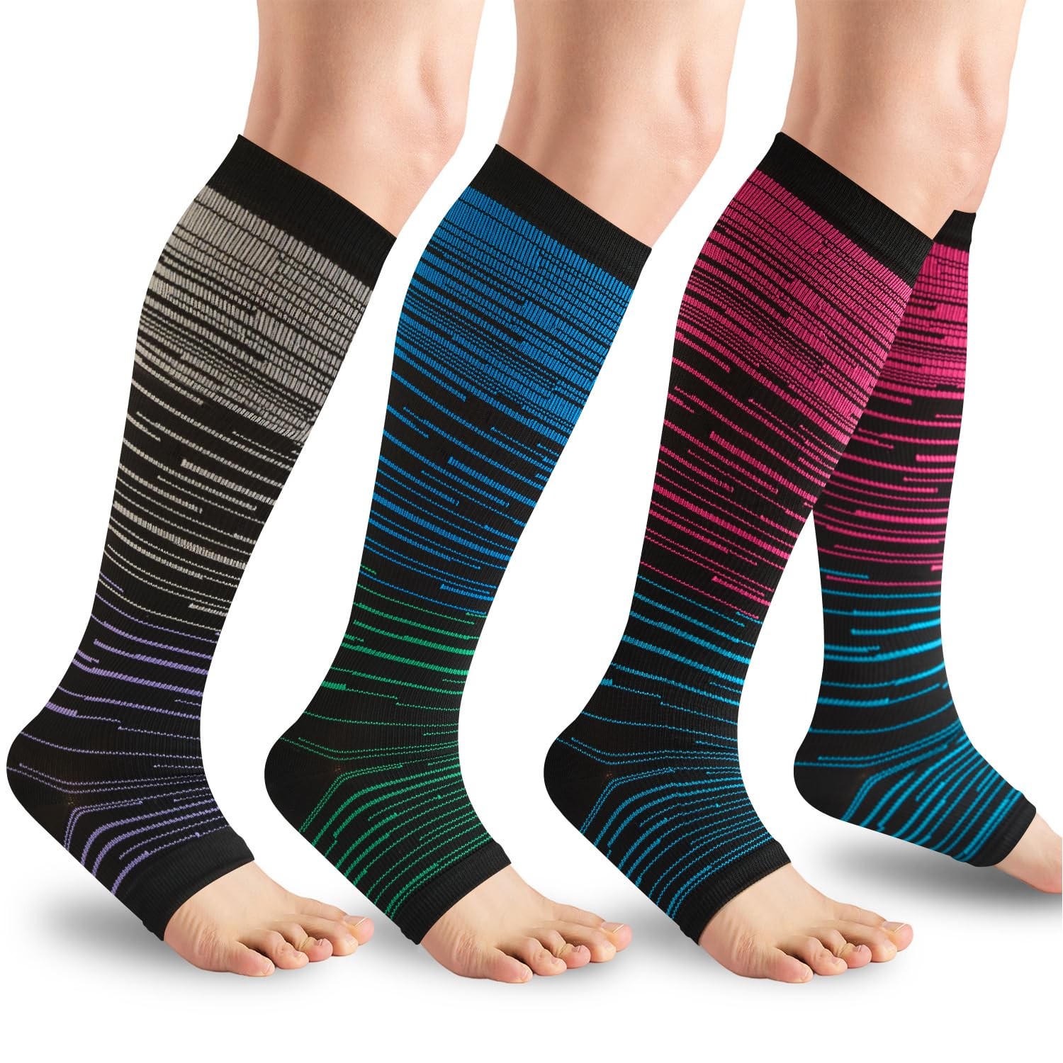 3 Pairs Open Toe Compression Socks for Men & Women – 15-20 mmhg Knee High Sto…