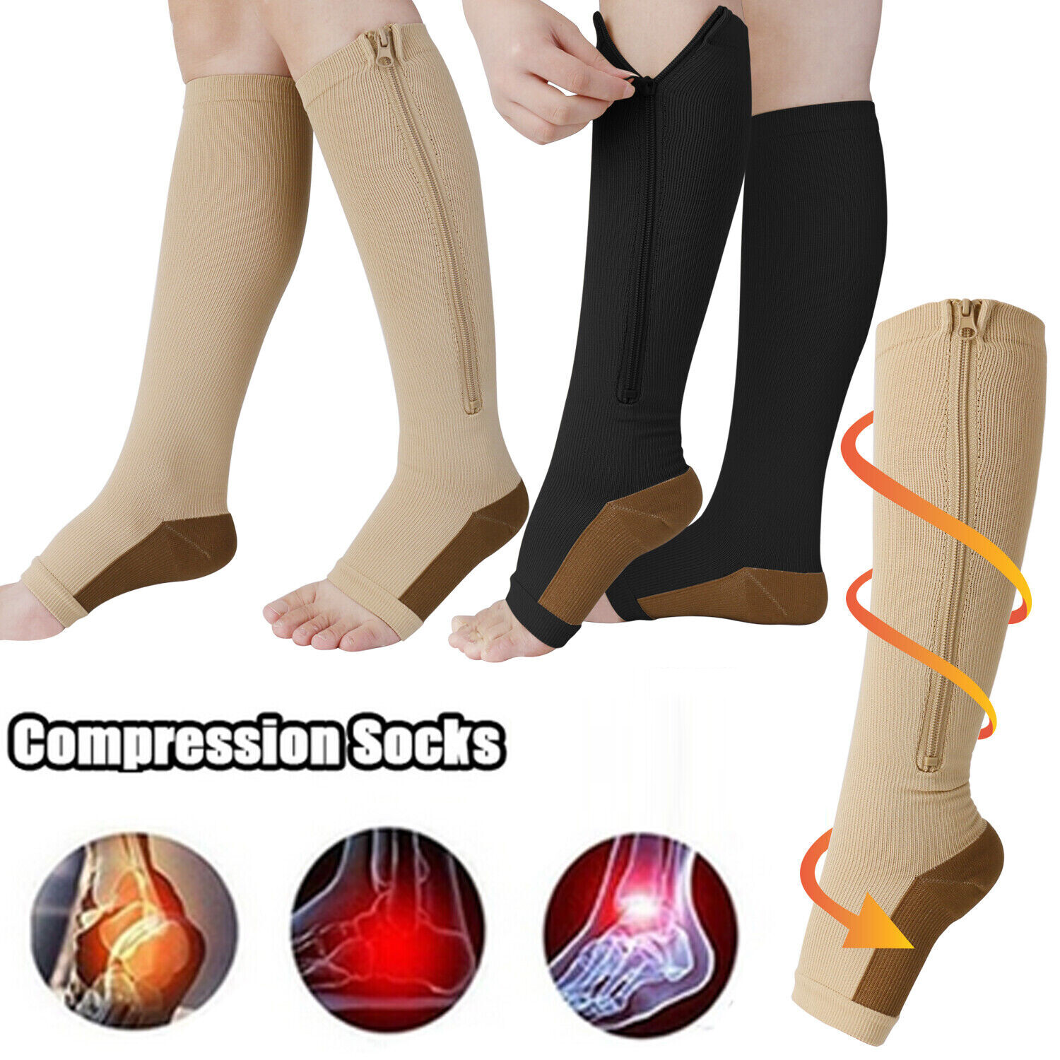 Copper Zipper Compression Socks Support Knee High Stocking Men Women 20-30mmHg