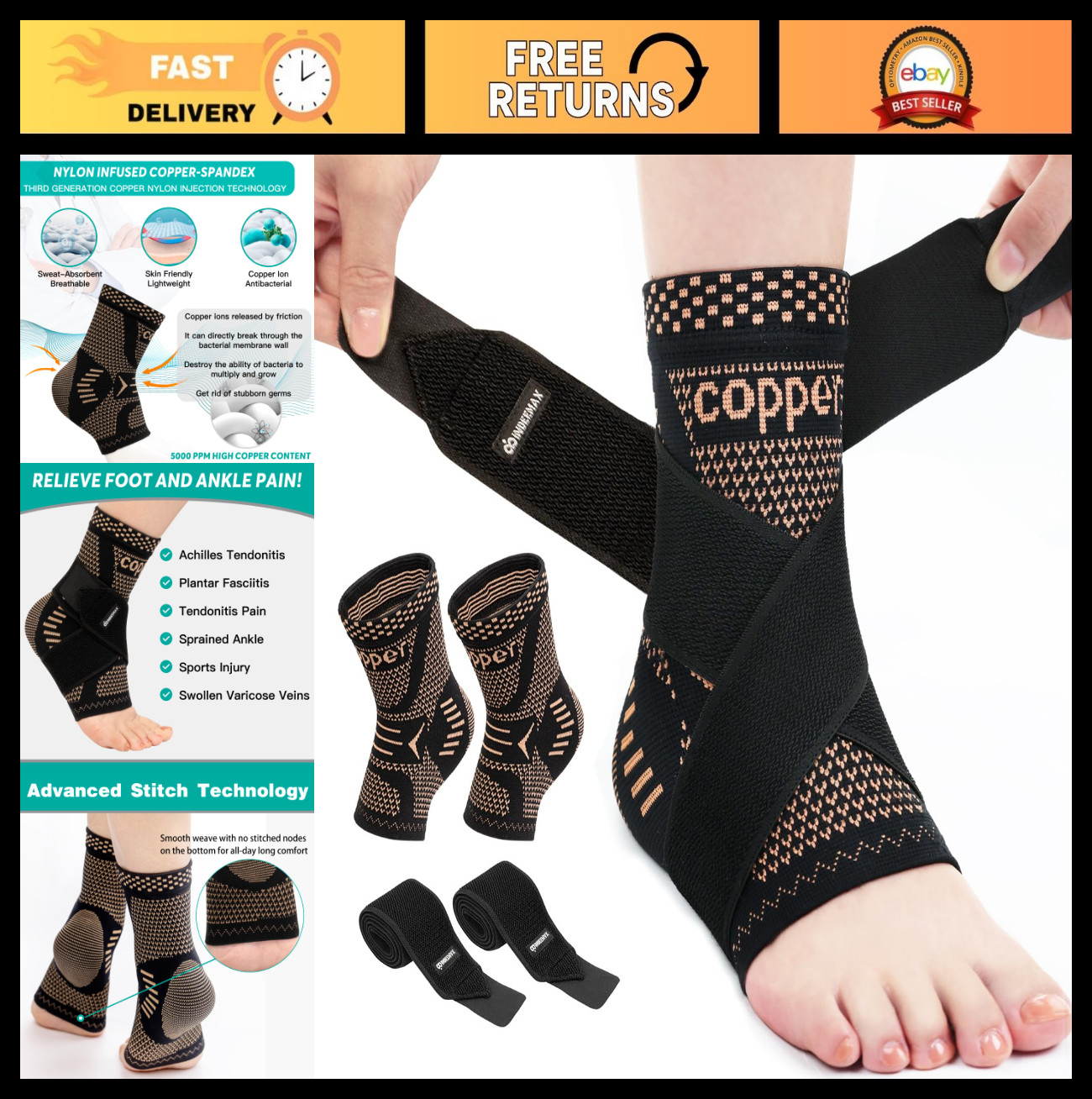 Ankle Compression Sleeve Support for Sprains, Plantar Fasciitis & Tendonitis