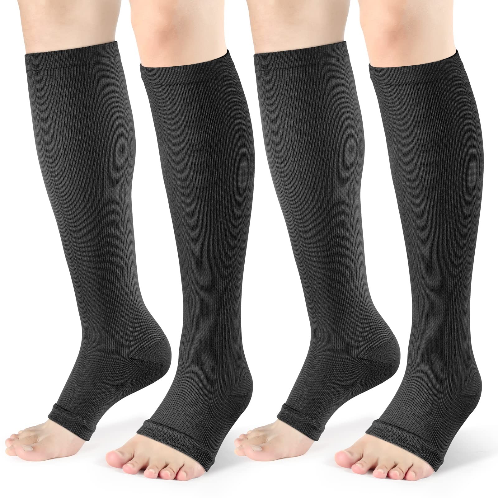 Open Toe Compression Socks Women & Men-2 Pairs 15-20 mmHg Knee High Stockings