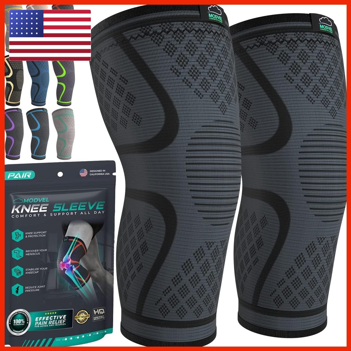 Modvel Compression Knee Brace 2 Pack Black – for Women & Men