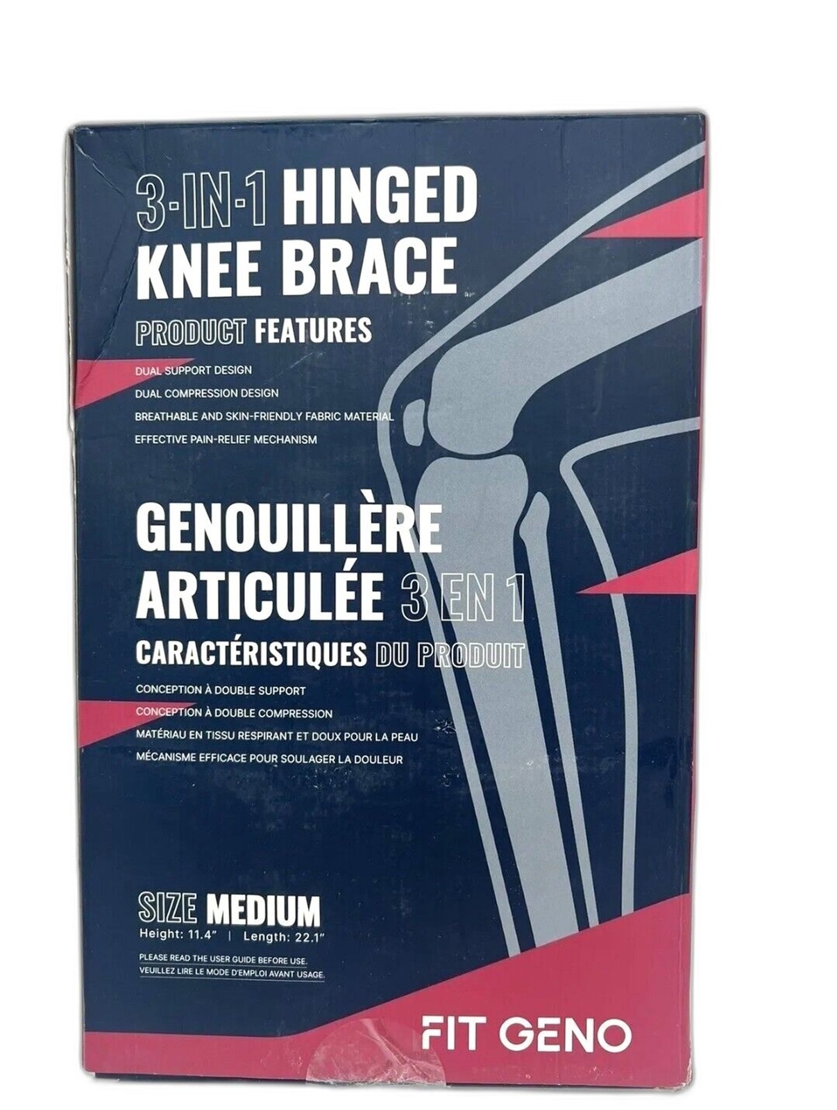 FIT GENO 3-IN-1 HINGED KNEE BRACE – SIZE: MEDIUM – BOXED