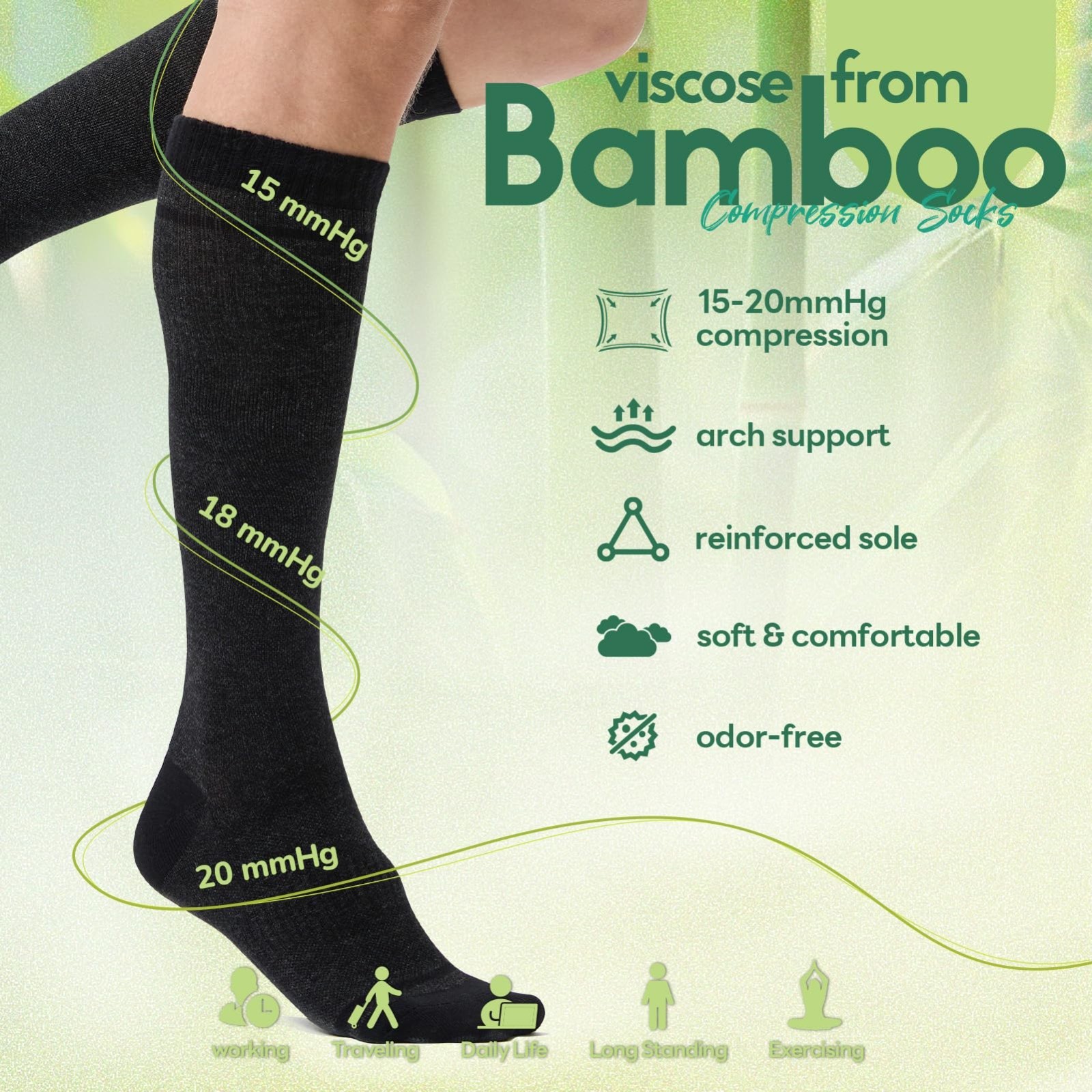 Knee High Compression Socks for Men & Women, 15-20 mmHg Soft Bamboo Viscose for