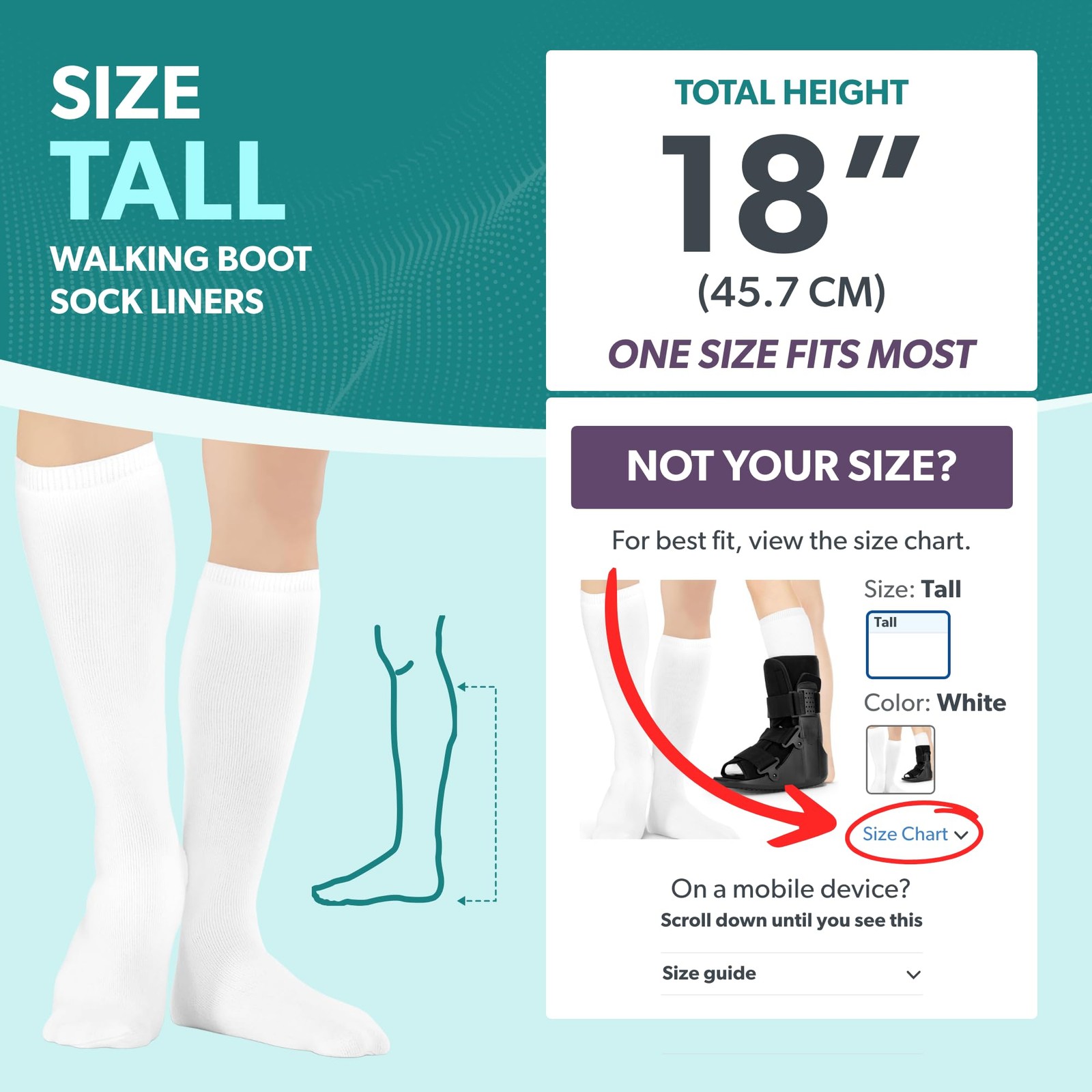 BraceAbility Walking Boot Sock Liners – (1 Universal – Tall – 1 Pair, White
