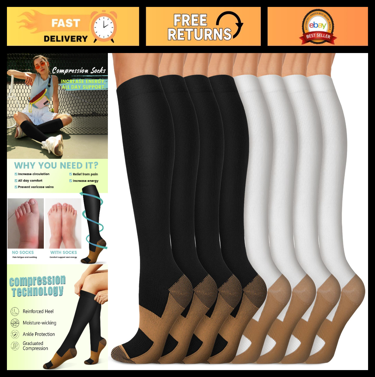 Compression Socks 15-20 mmHg for Men & Women – 8 Pairs for Circulation, Travel,