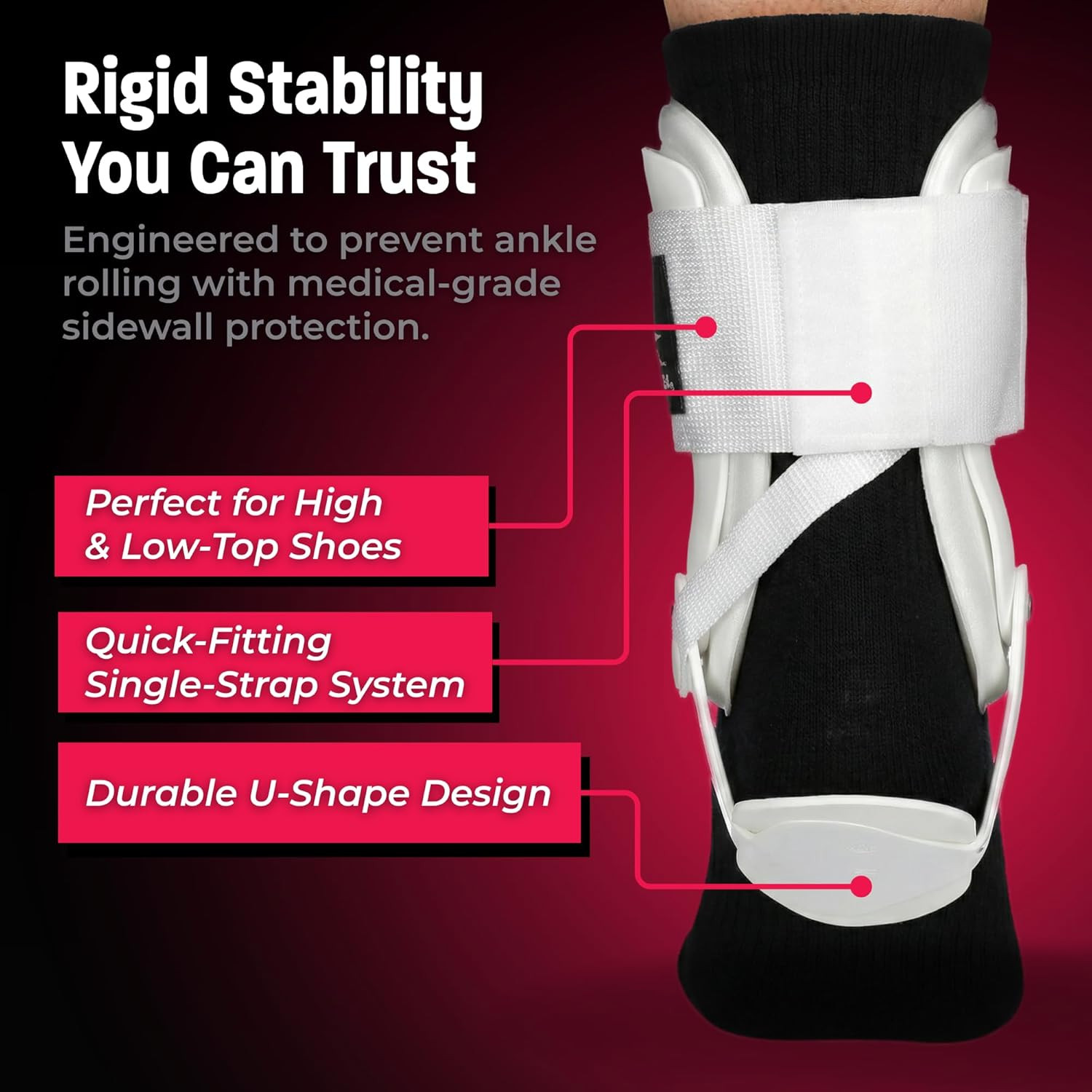 Active Ankle T2 Ankle Brace, Medium, White, Rigid Support for Men 7-10 & Women 8