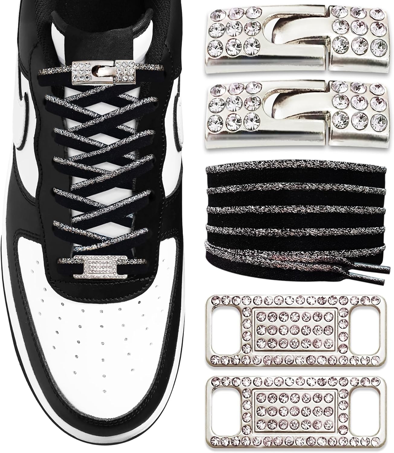 Elastic No Tie Shoe Laces with Bling Diamond Locks & Charms for Women’s Sneakers