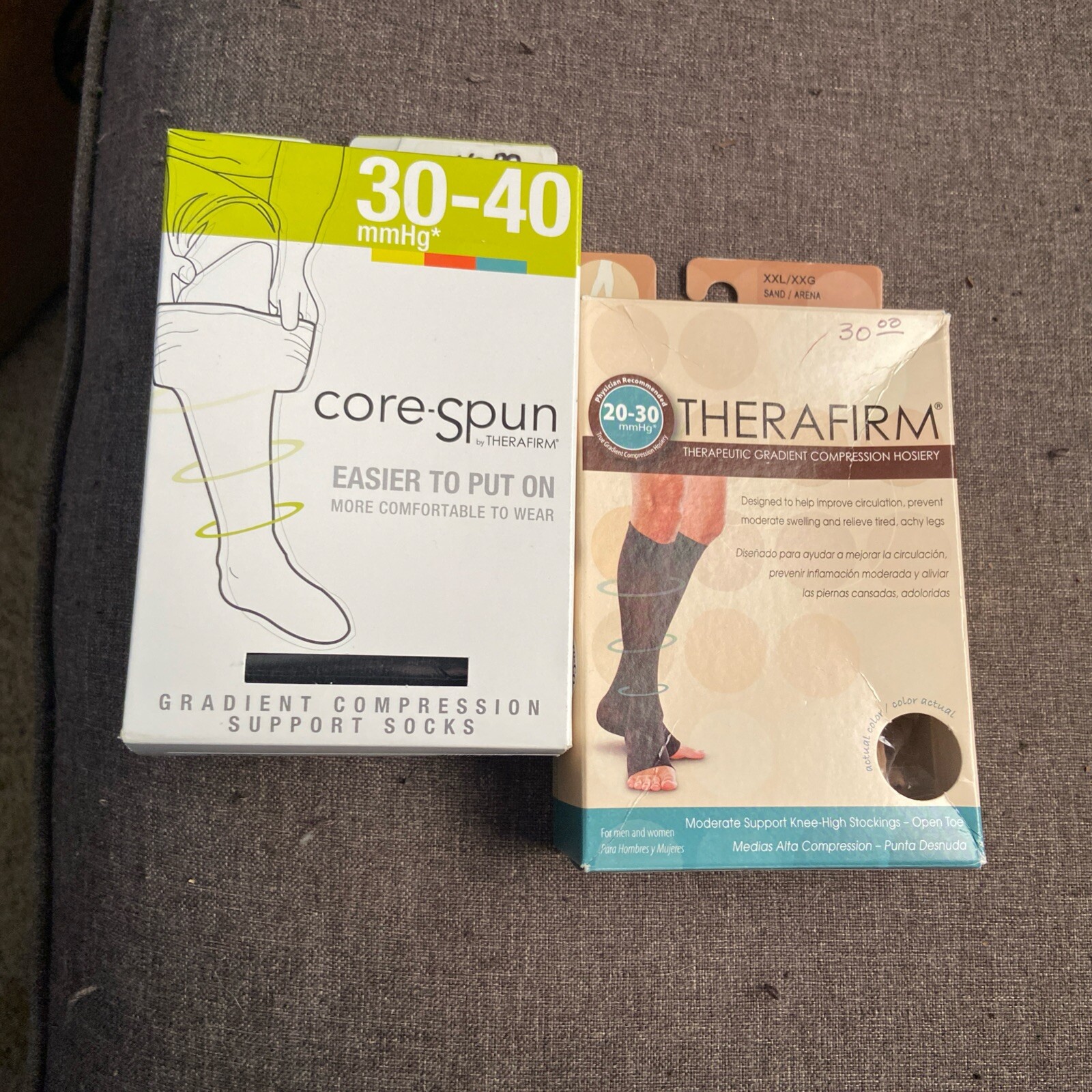 2 Therafirm/Core-Spun Short Knee High Socks 20-30/30-40 Black/ Sand XXL