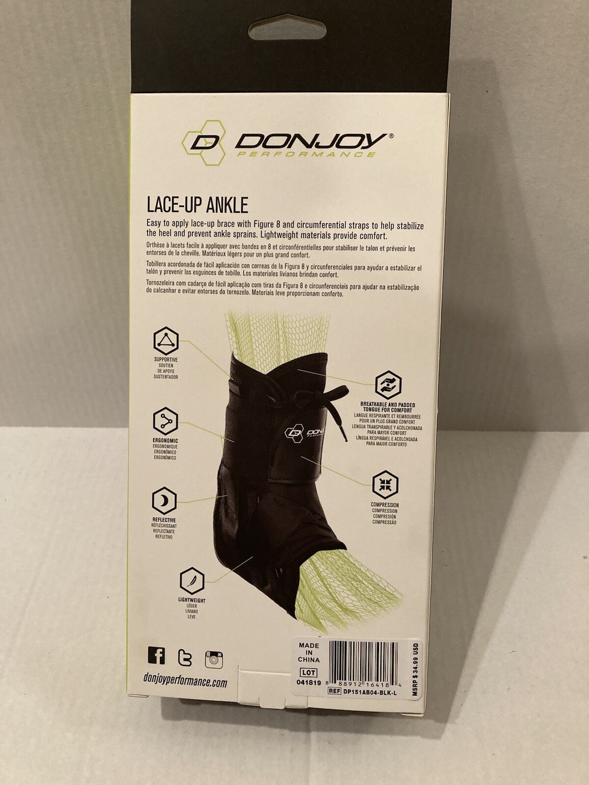 Opened Box DonJoy Performance Lace-Up Ankle Brace L/Large Black Figure 8 straps