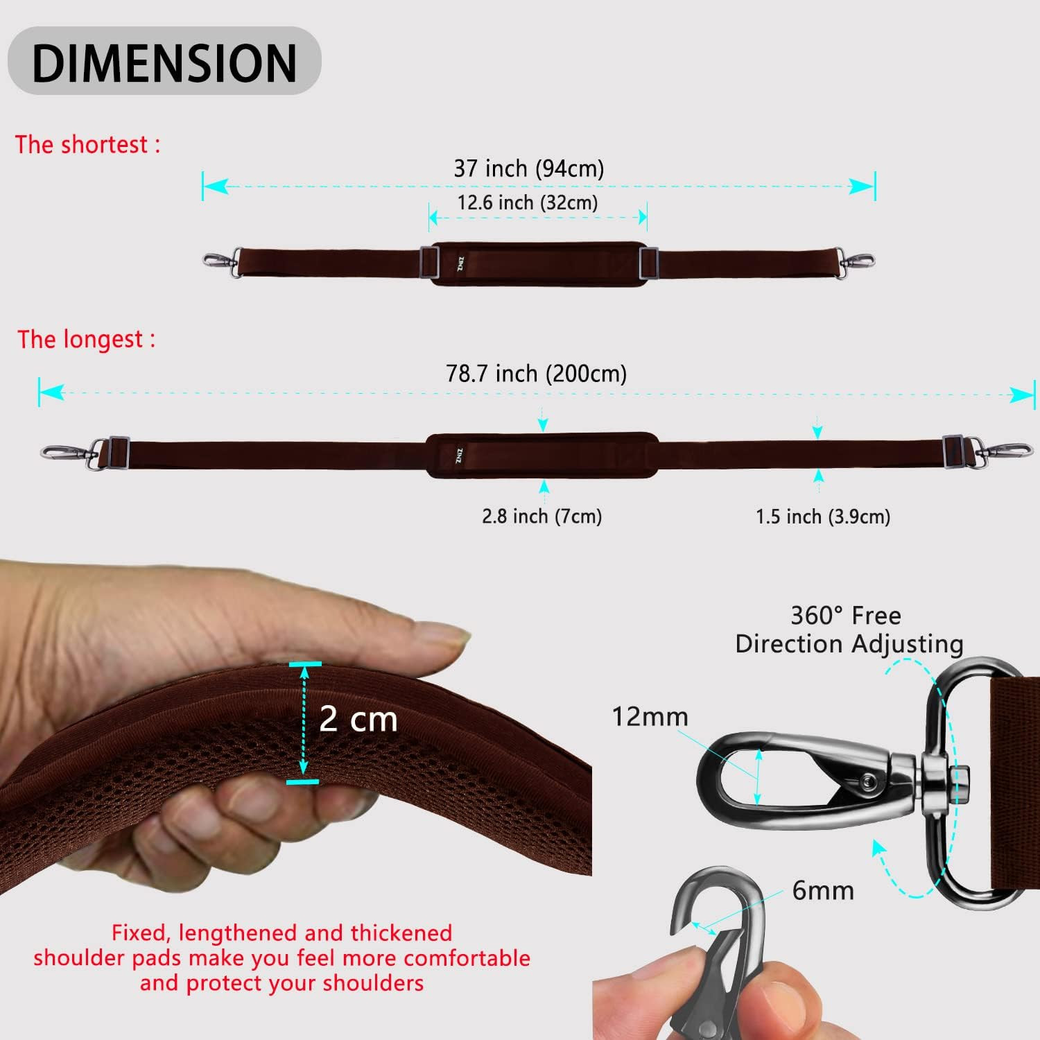 79 inch Shoulder Strap, Extra-thick Fixed Cushion Pad and Dual Clasps Universal