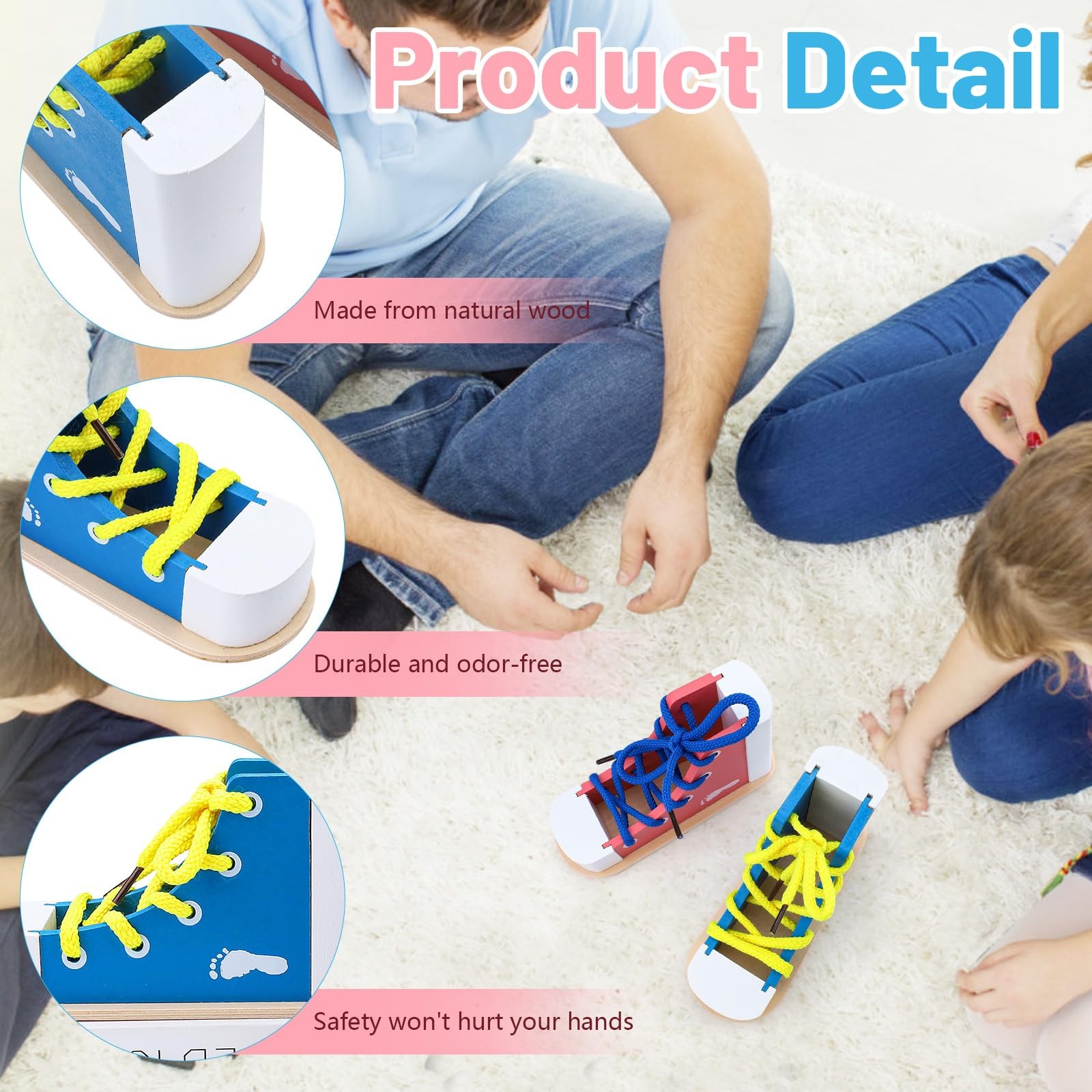 2 Pack Wooden Shoe Tying Practice Kit with Blue and Pink Laces, Instructional…