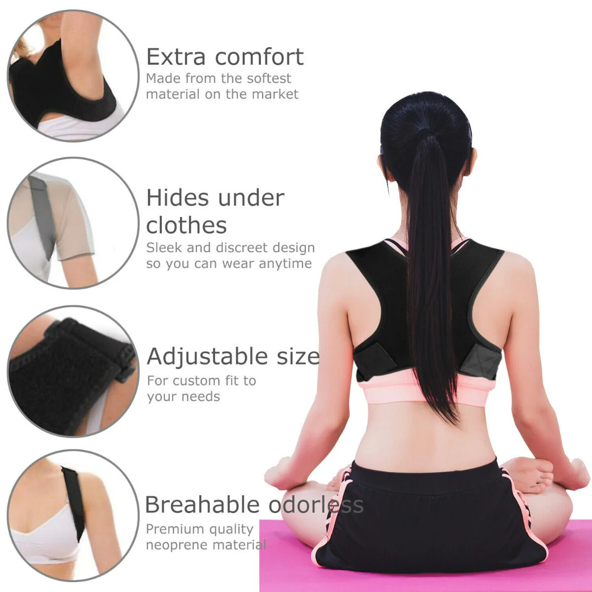 Posture Corrector Back Support, Adjustable Non-Slip for Daily Use (Black)