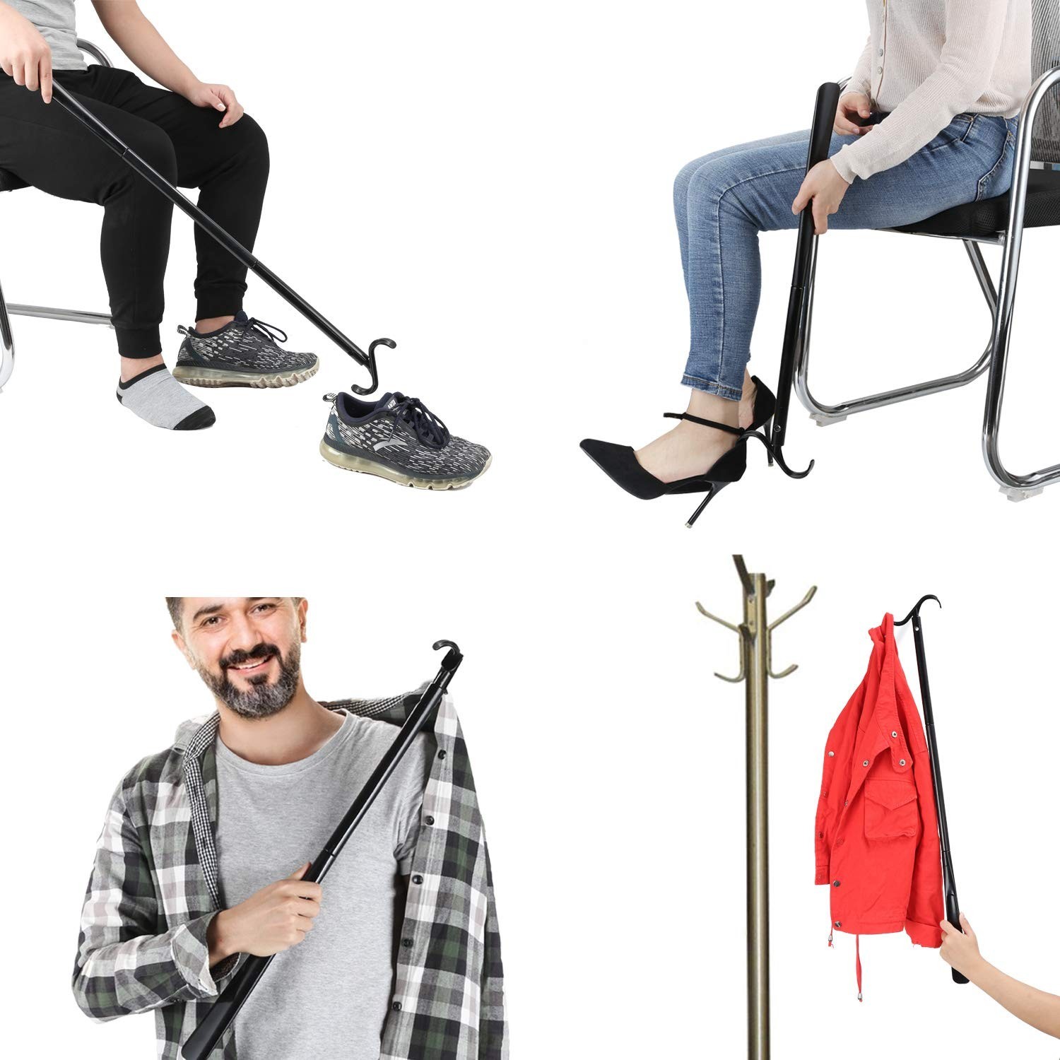 35″ Long Dressing Stick with Shoe Horn with Sock Removal Tool, Adjustable Ext…