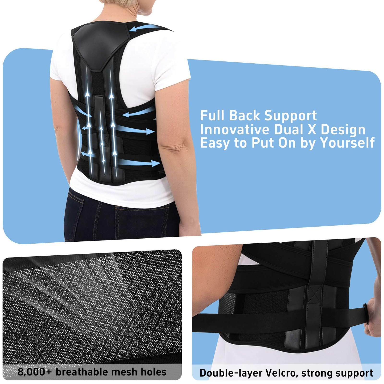 QFE Posture Corrector Back Brace for Men and Women Upper Large, Black