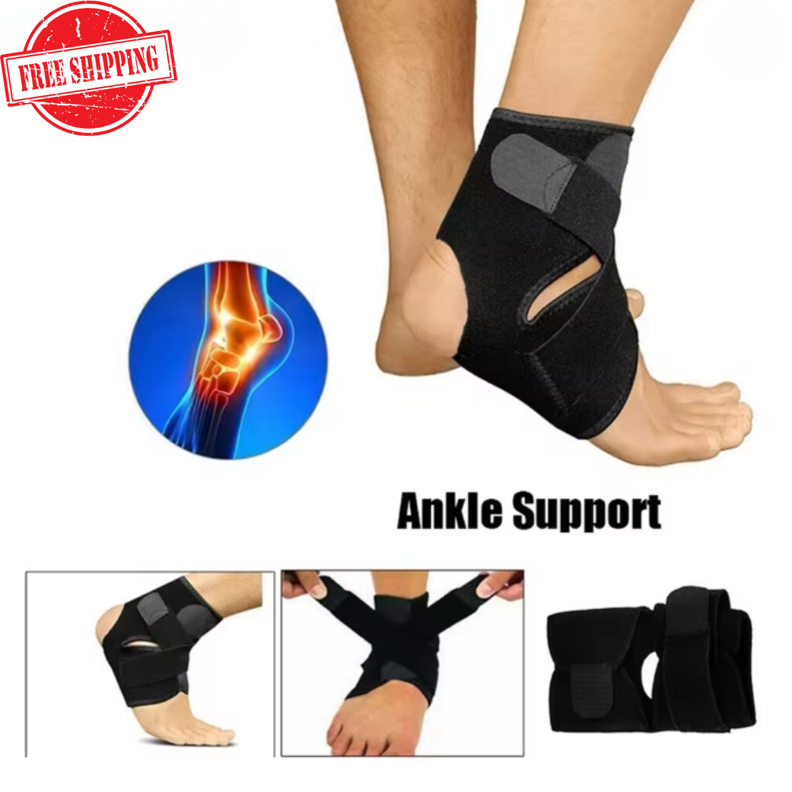 Adjustable Ankle Brace Compression Support Sleeve Wrap for Running Sports Black